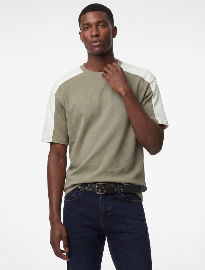  Rahat Kalıp Bisiklet Yaka Pamuklu Renk Kontrastlı Kısa Kollu Tişört