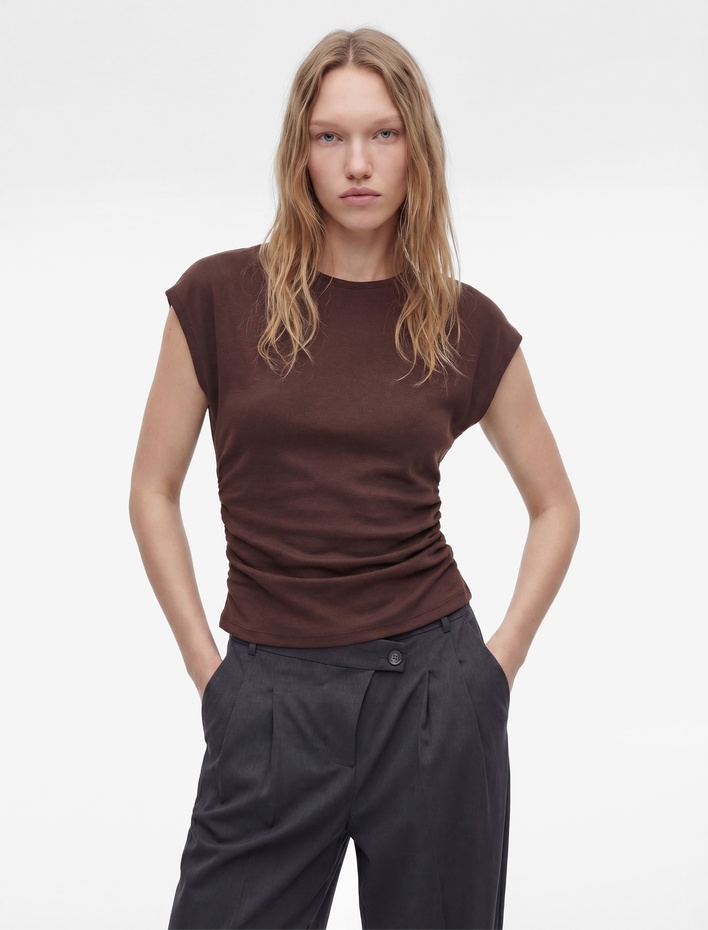  Slim Fit Kısa Kollu Bisiklet Yaka Büzgülü Tişört