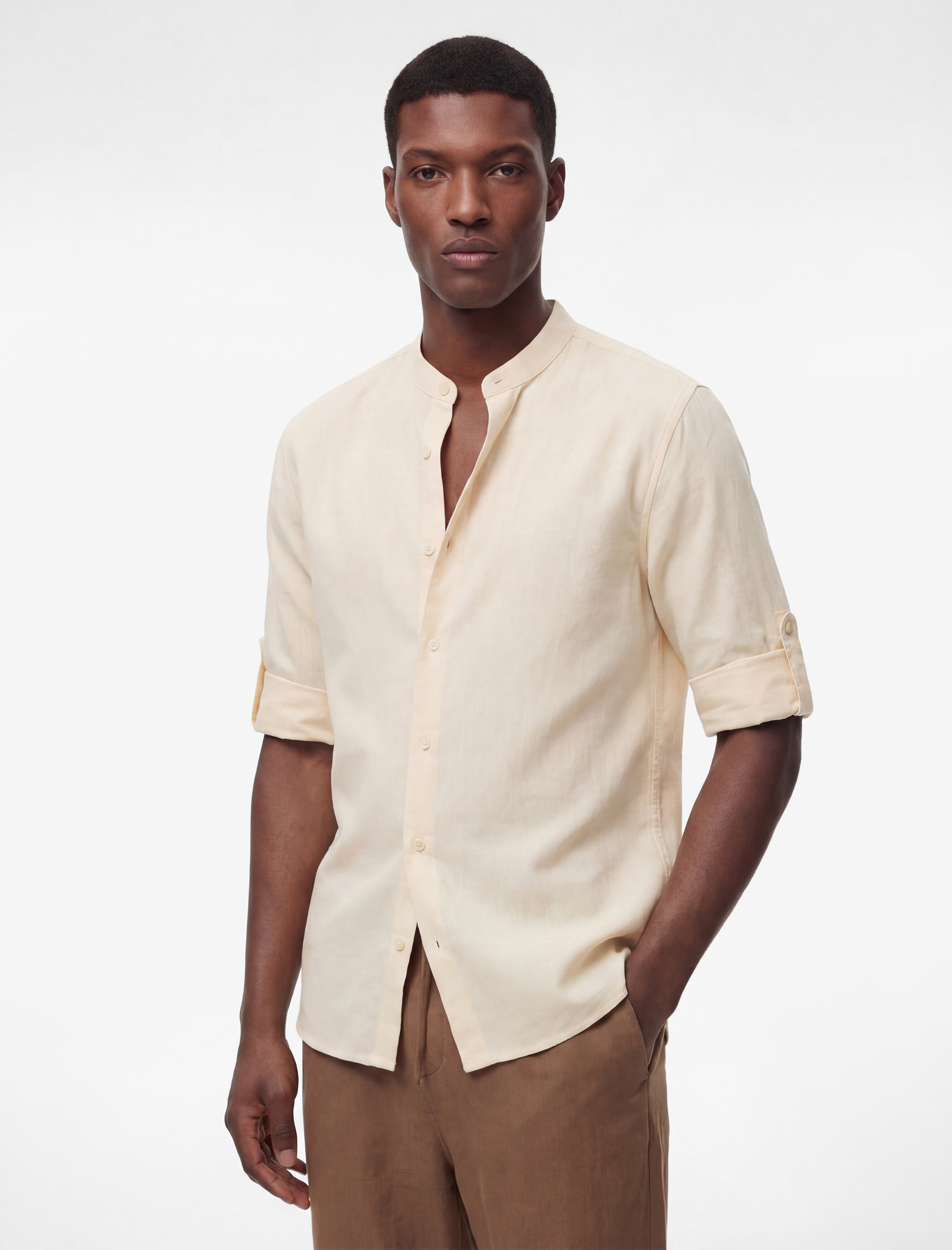 Regular Fit Uzun Kollu Hakim Yaka Keten Gömlek