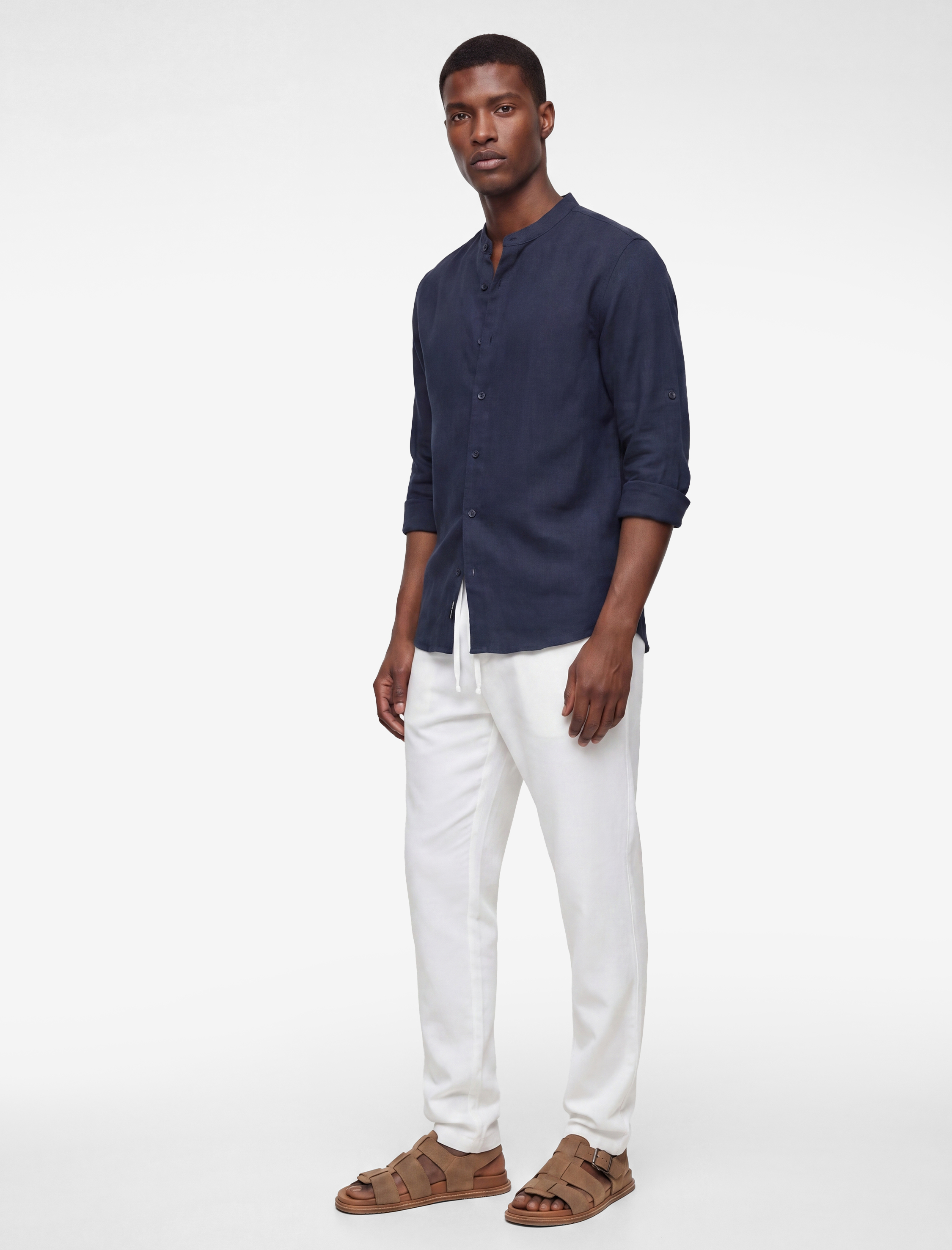 Regular Fit Uzun Kollu Hakim Yaka Keten Gömlek - Görsel 3