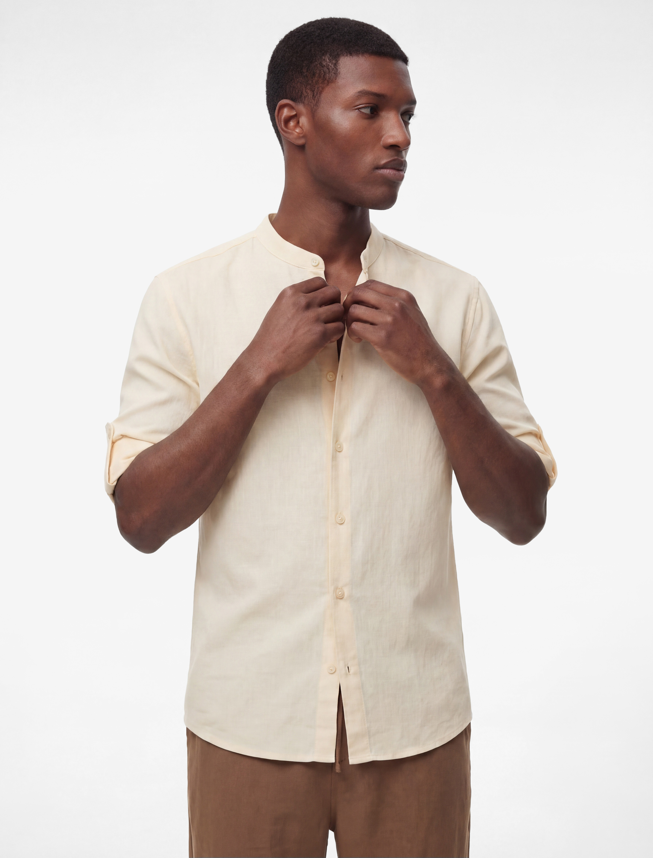 Regular Fit Uzun Kollu Hakim Yaka Keten Gömlek - Görsel 3