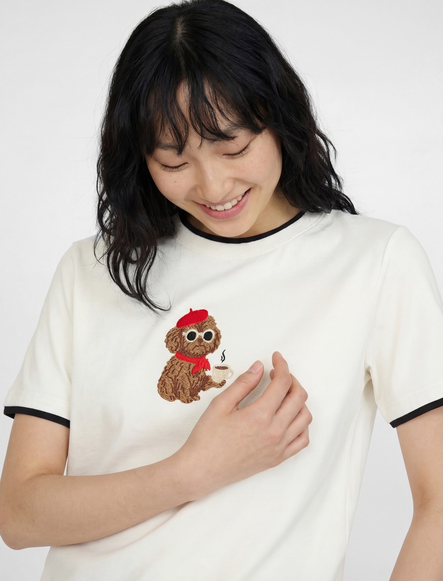 Ekru Slim Fit Kısa Kollu Bisiklet Yaka Modal Karışımlı Köpek