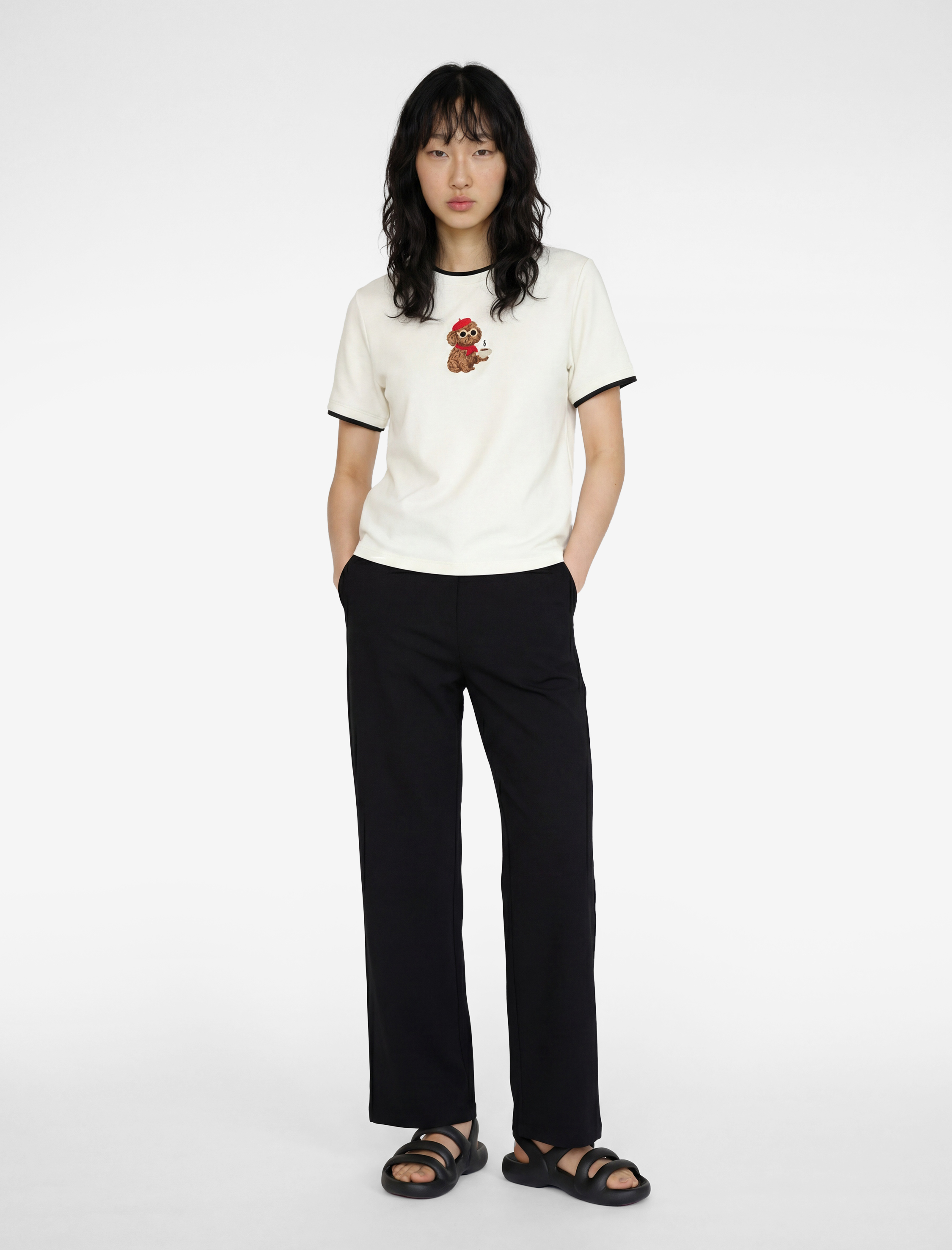 Slim Fit Kısa Kollu Bisiklet Yaka Modal Karışımlı Köpek Nakışlı Tişört