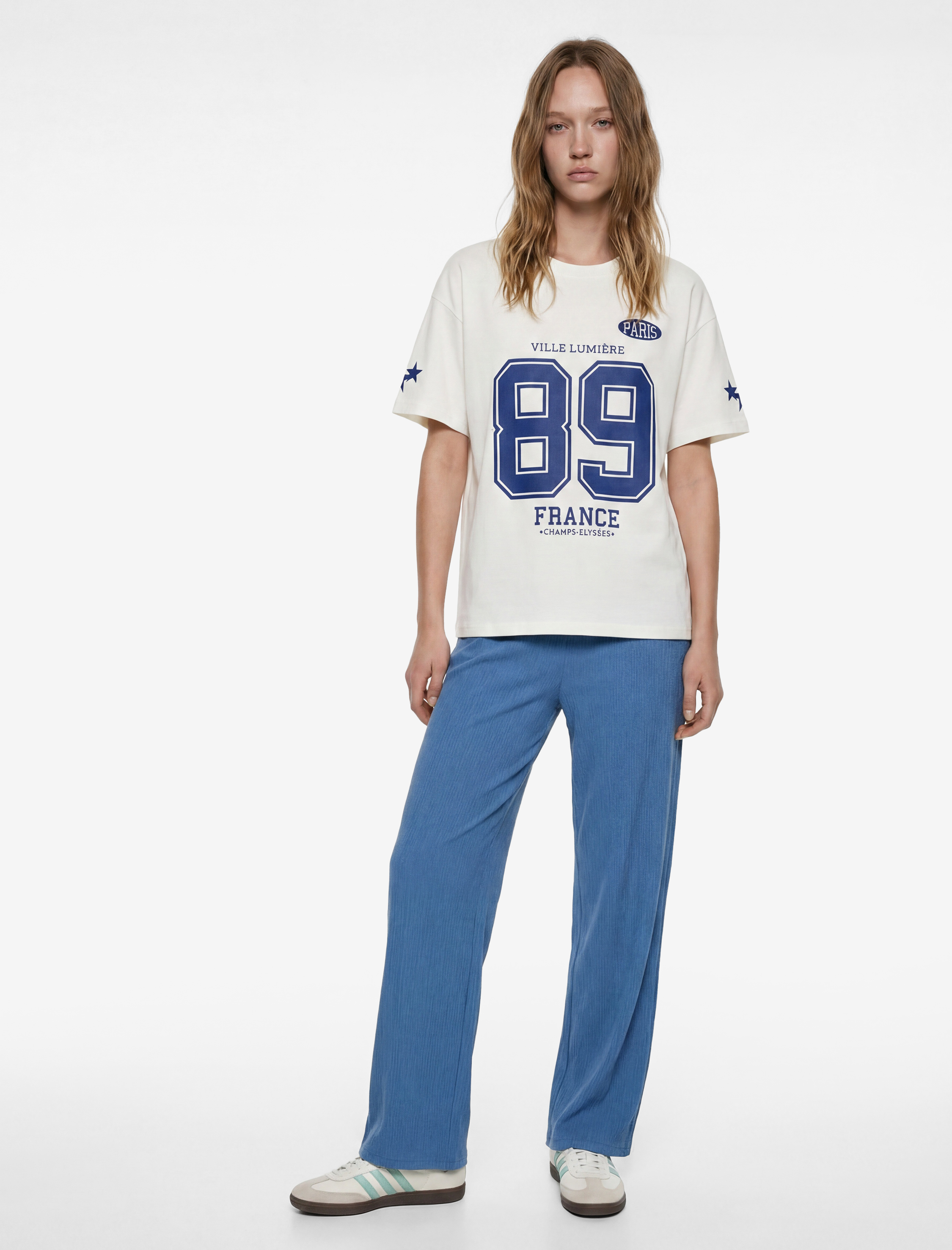 Rahat Kalıp Kısa Kollu Bisiklet Yaka Baskılı Pamuklu Tişört