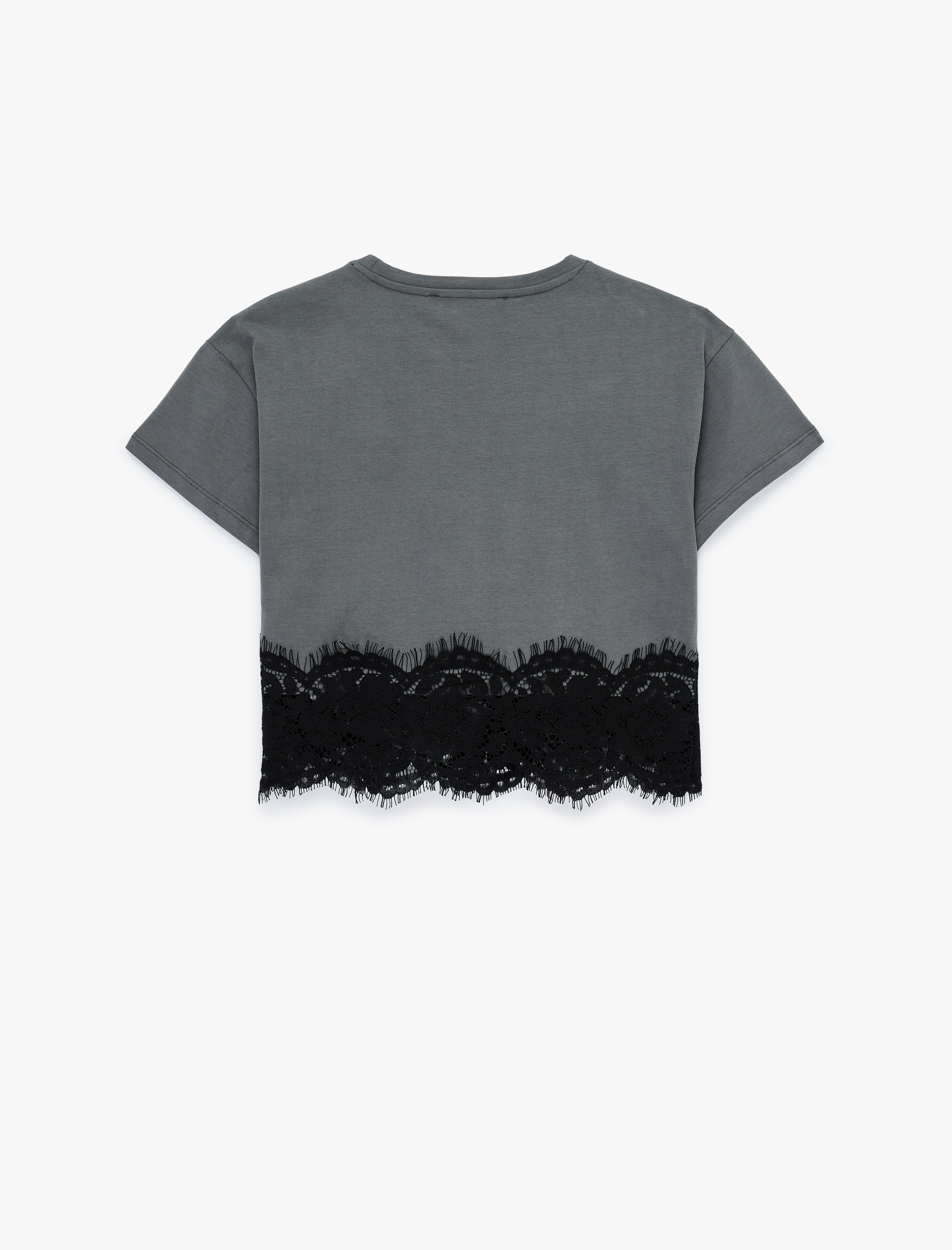 Dantel Detaylı Kısa Kollu Bisiklet Yaka Pamuklu Crop Tişört - Görsel 4