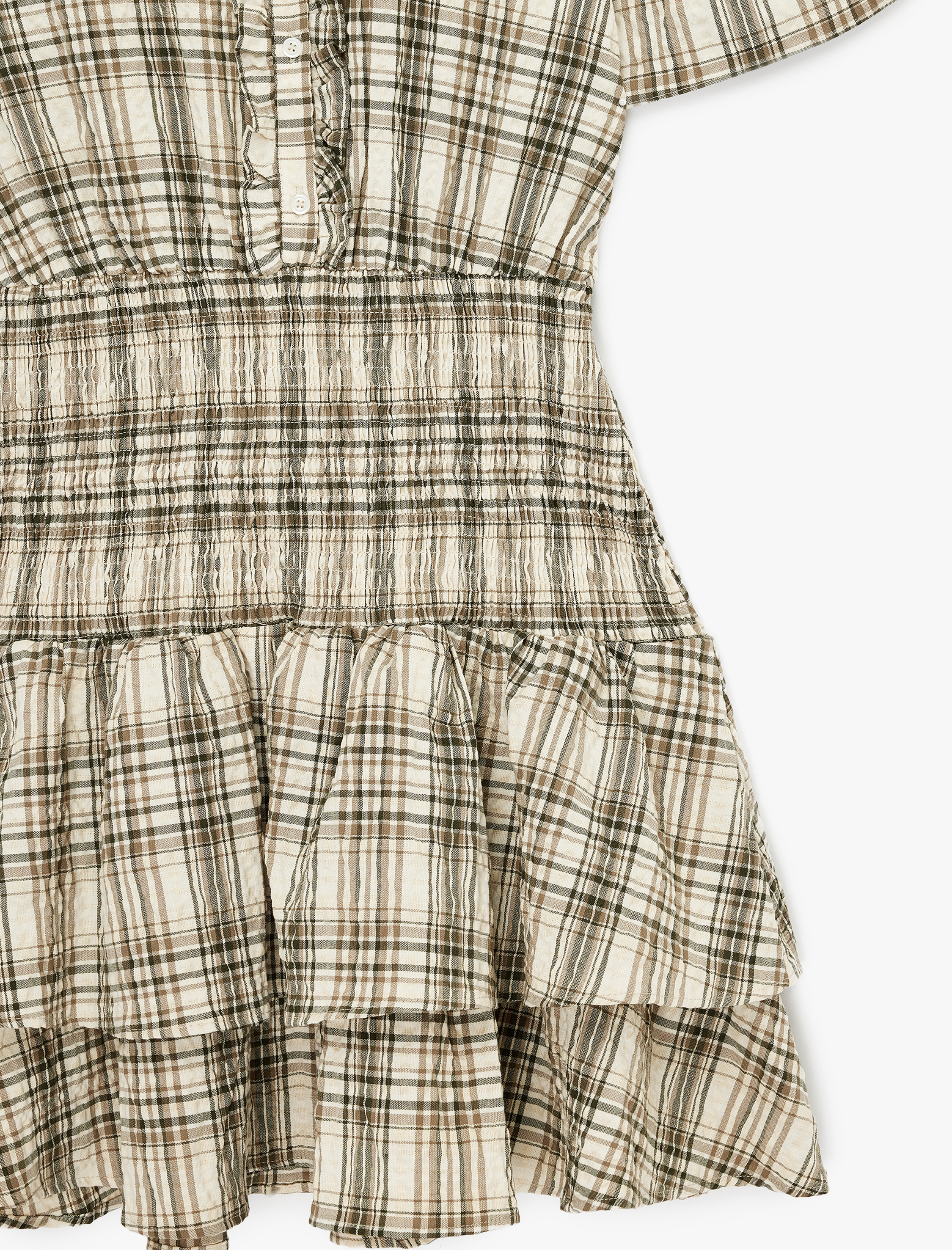 Fırfırlı Kısa Kollu Gipeli Bisiklet Yaka Mini Ekoseli Elbise - Görsel 5