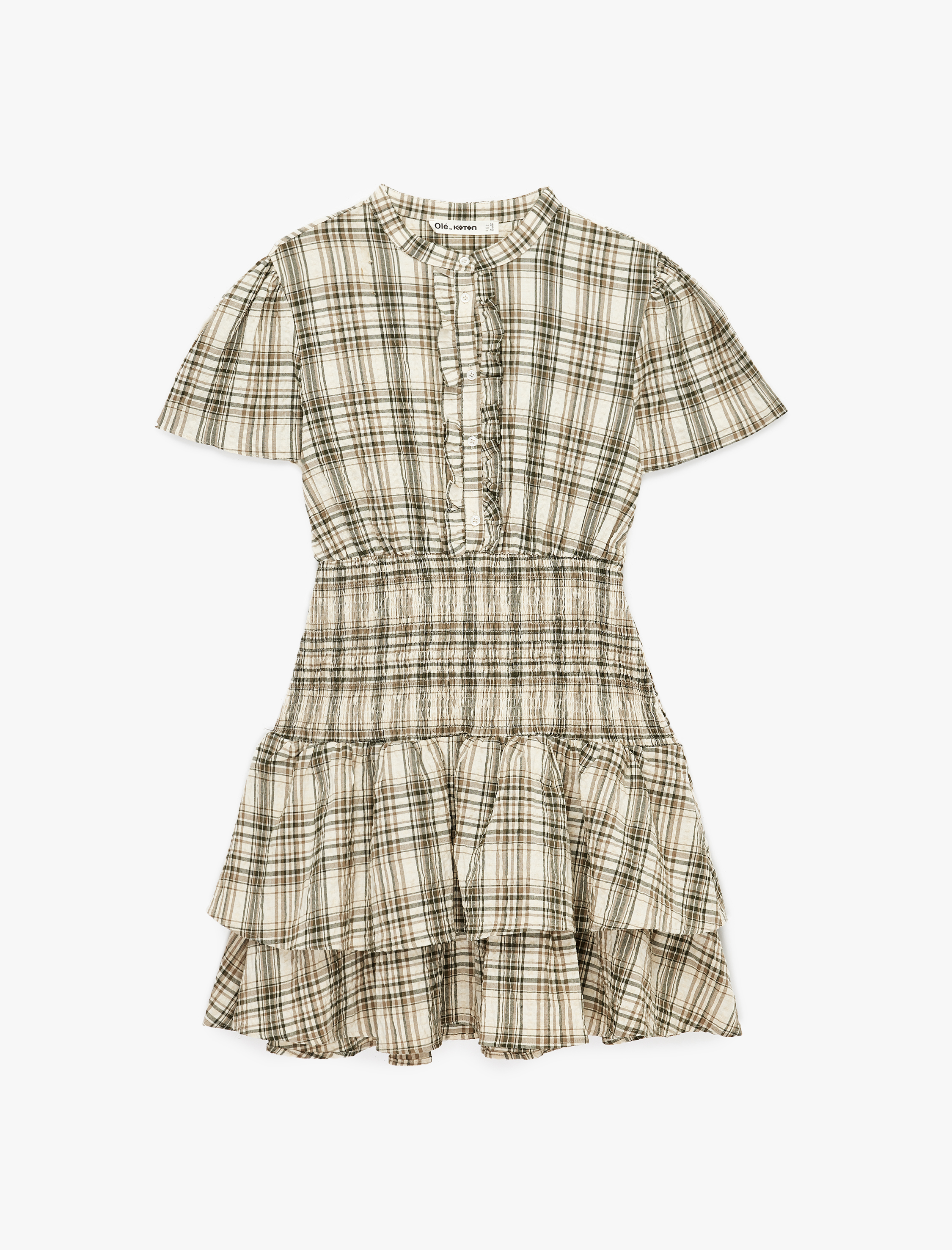 Fırfırlı Kısa Kollu Gipeli Bisiklet Yaka Mini Ekoseli Elbise - Görsel 3