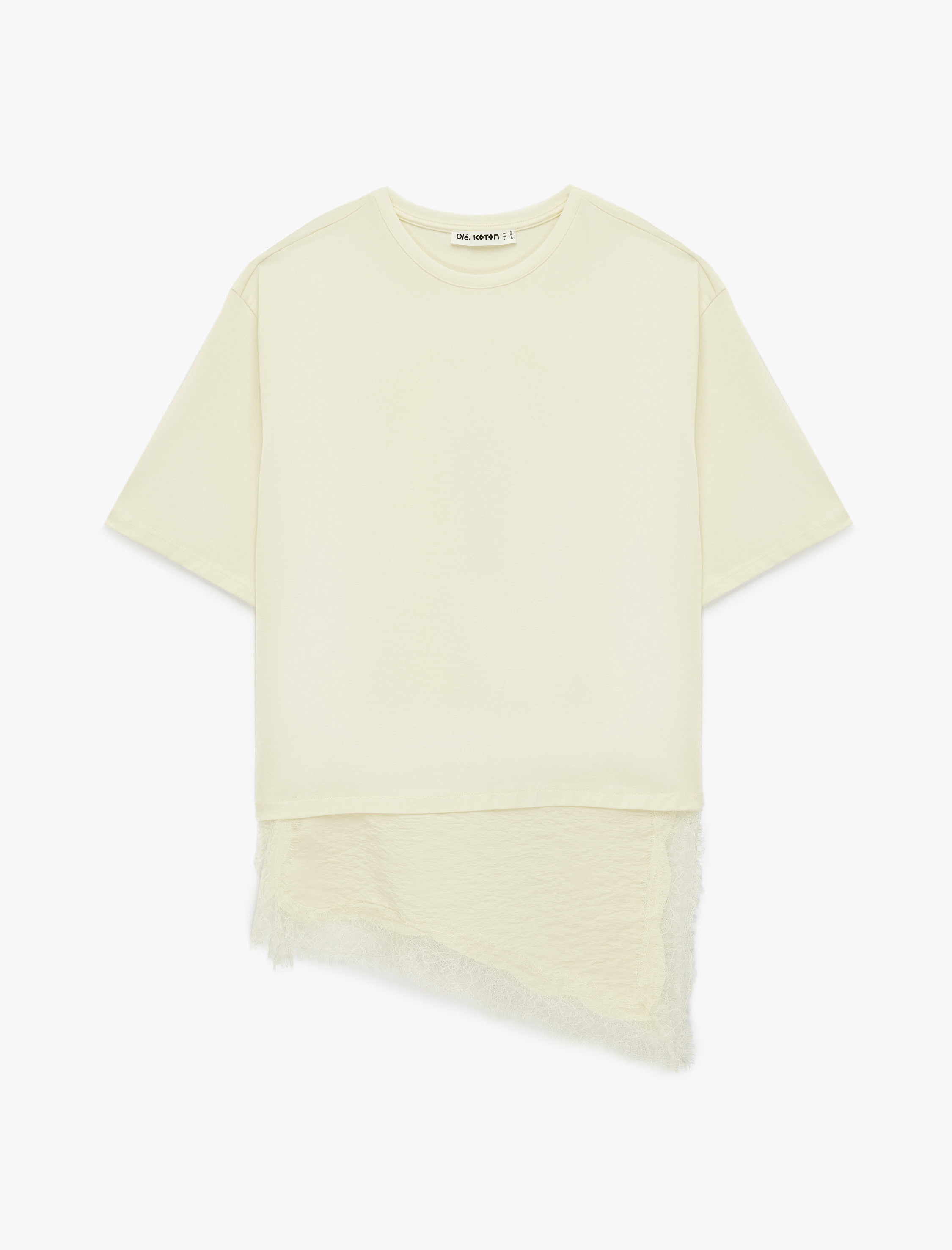 Regular Fit Kısa Kollu Bisiklet Yaka Asimetrik Dantel Detaylı Tişört - Görsel 3