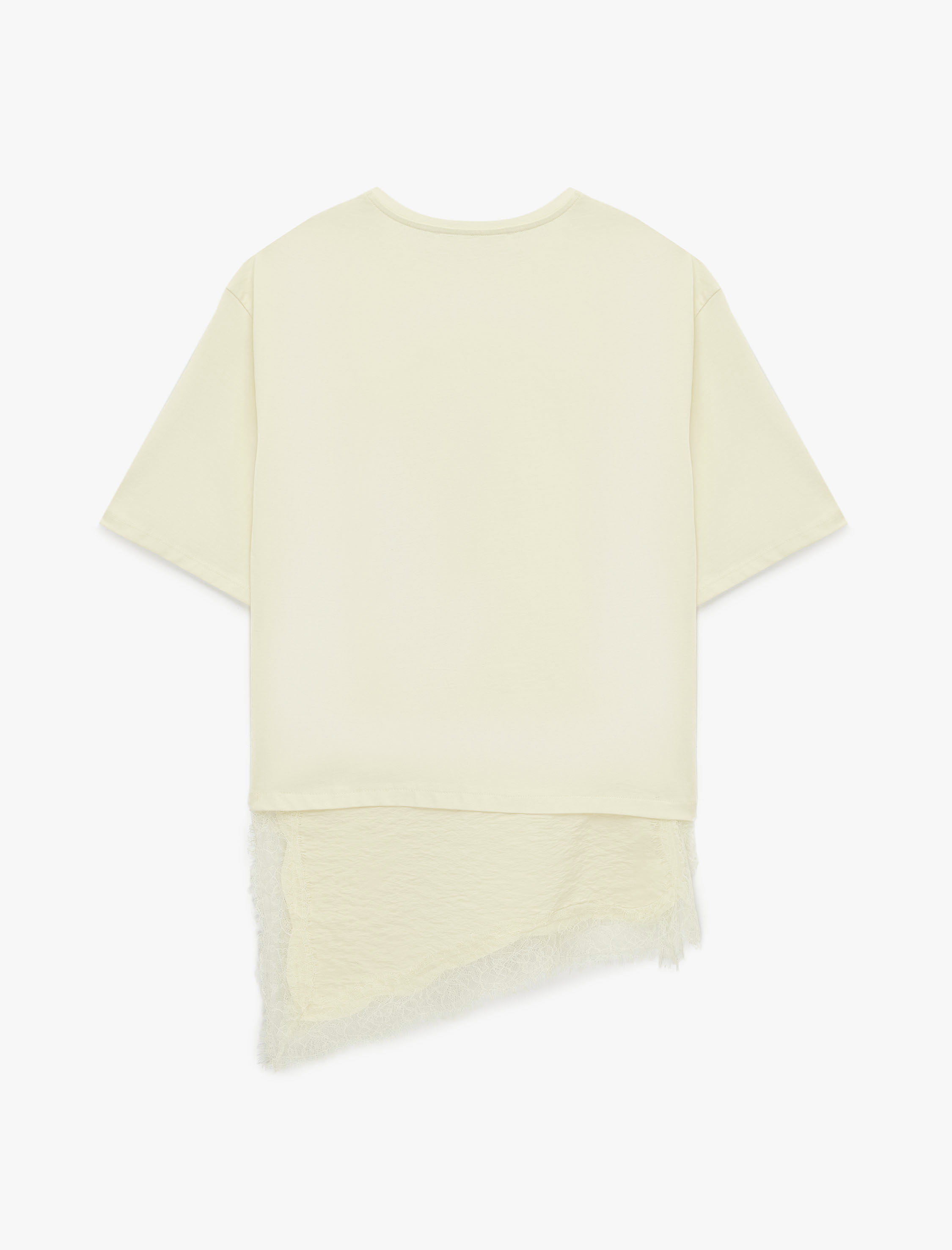 Regular Fit Kısa Kollu Bisiklet Yaka Asimetrik Dantel Detaylı Tişört - Görsel 4