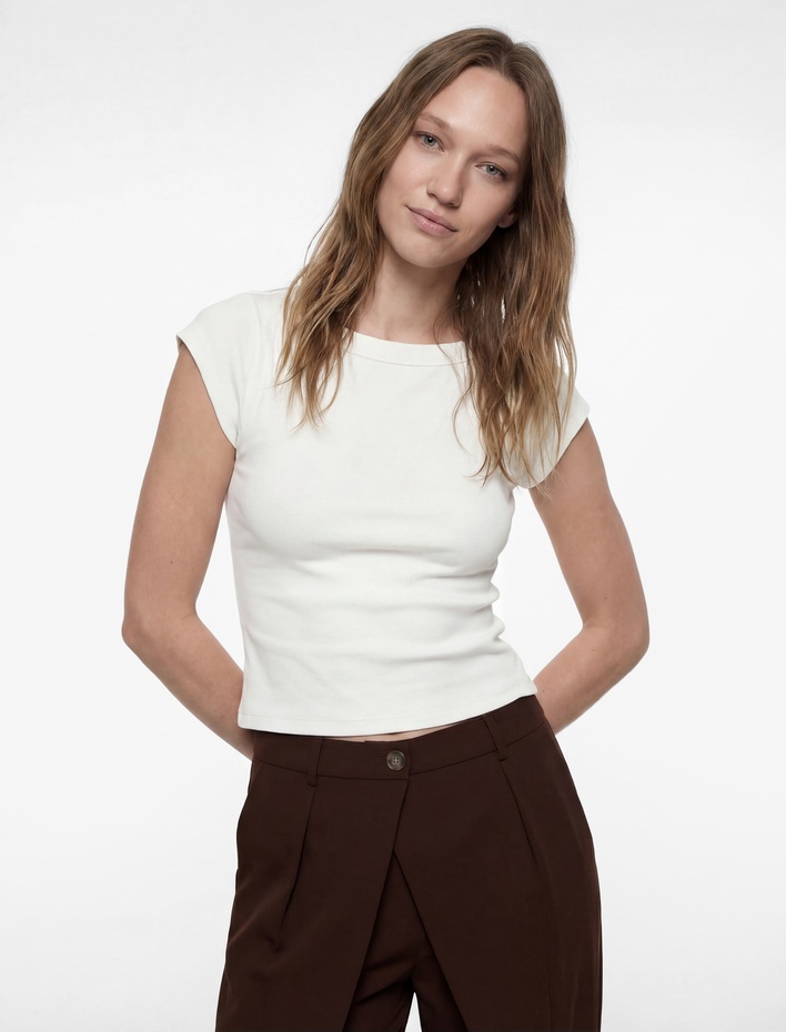  Slim Fit Kısa Kollu Kayık Yaka Kaşkorse Pamuklu Tişört