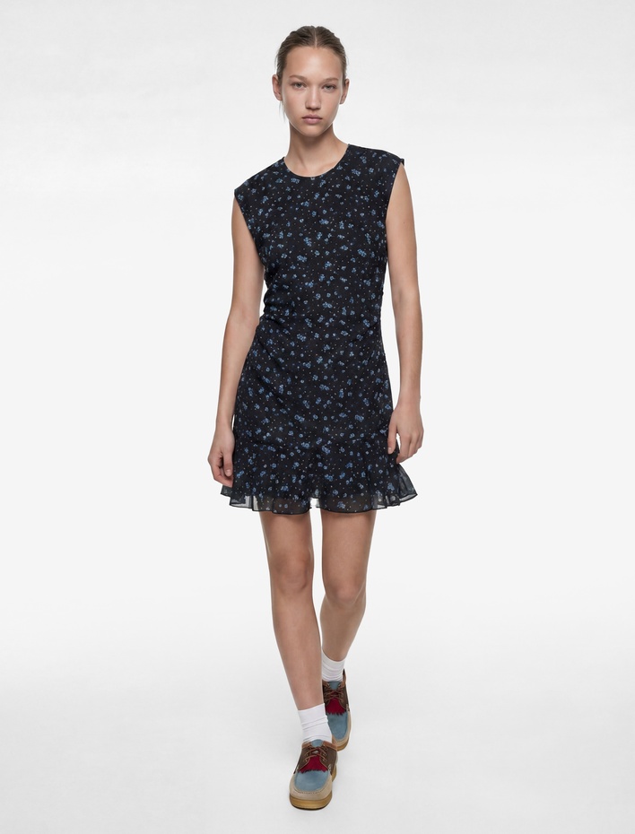  Asimetrik Kesim Kolsuz Bisiklet Yaka Büzgülü Kloş Tül Çiçekli Elbise