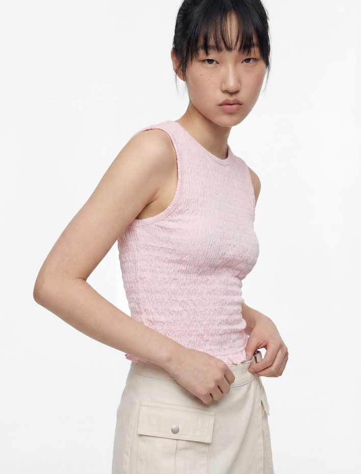  Fırfır Detaylı Bürümcük Bisiklet Yaka Kolsuz Bluz