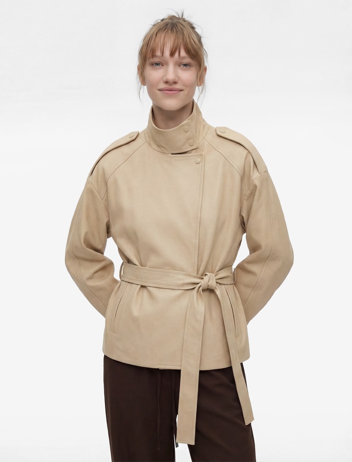  Pamuklu Cep Detaylı Fermuarlı Dik Yaka Kemerli Trençkot