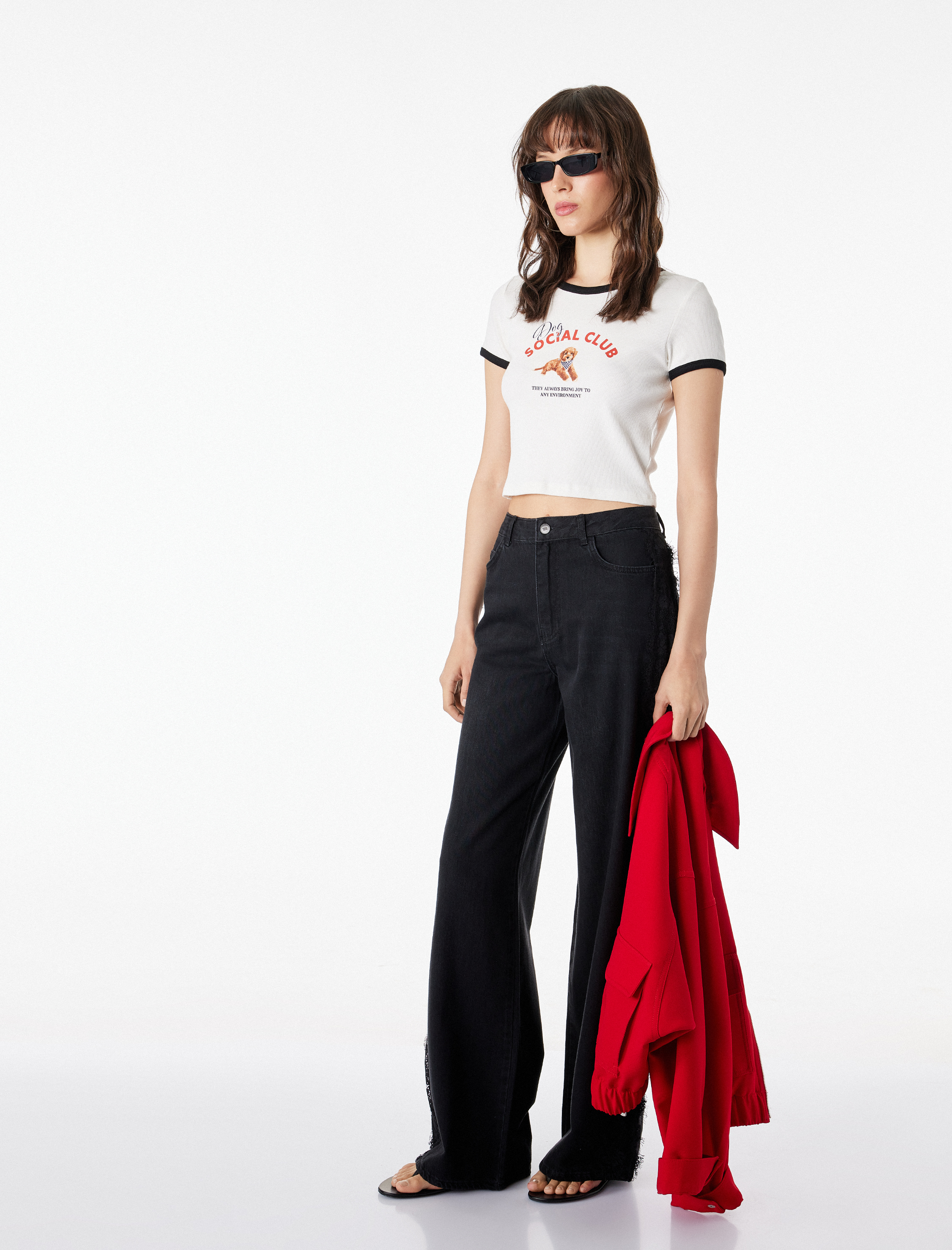 Pamuklu Kısa Kollu Biyeli Bisiklet Yaka Köpek Baskılı Tişört - Görsel 2