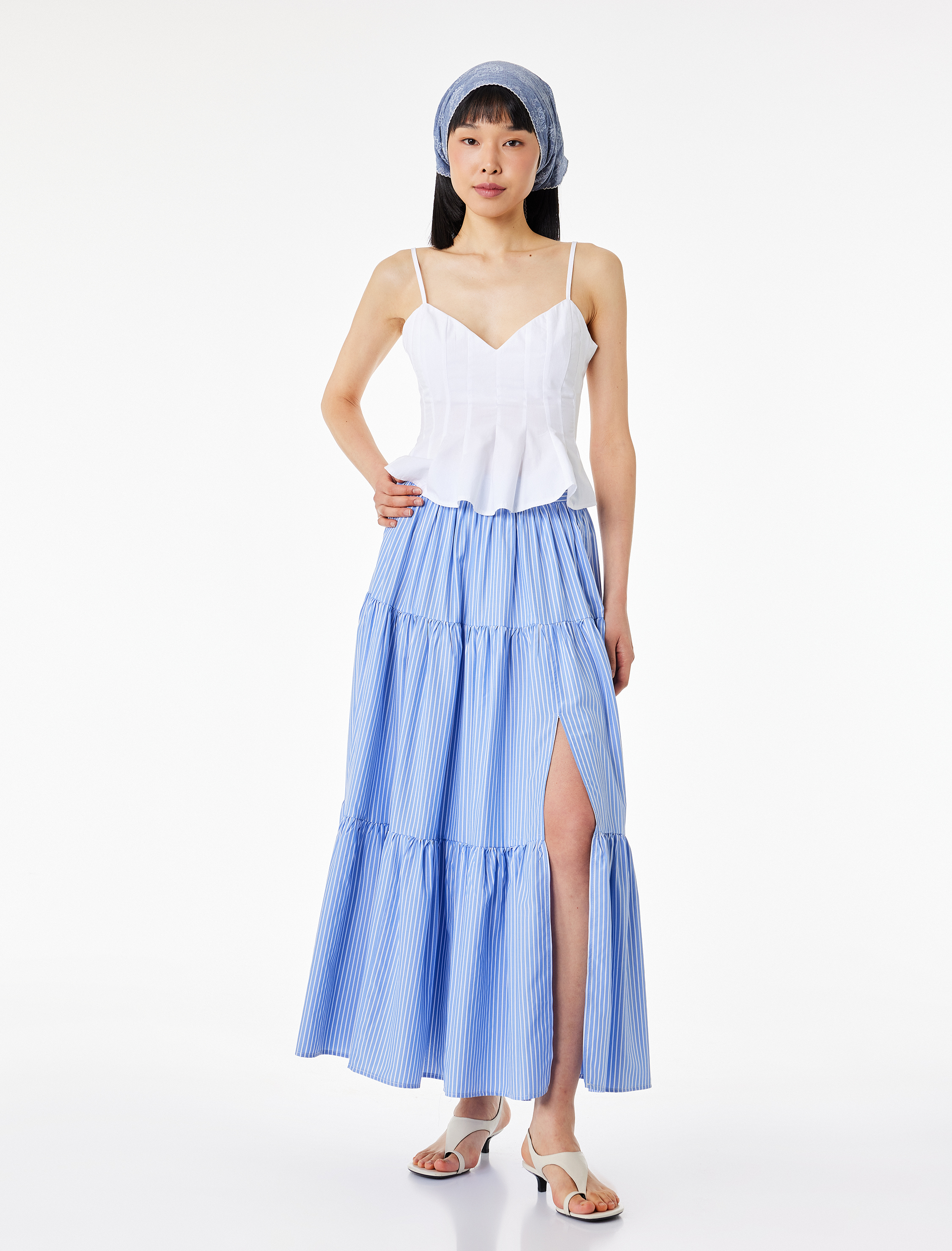   Katlı Çan Kesim Poplin Çizgili Midi Etek