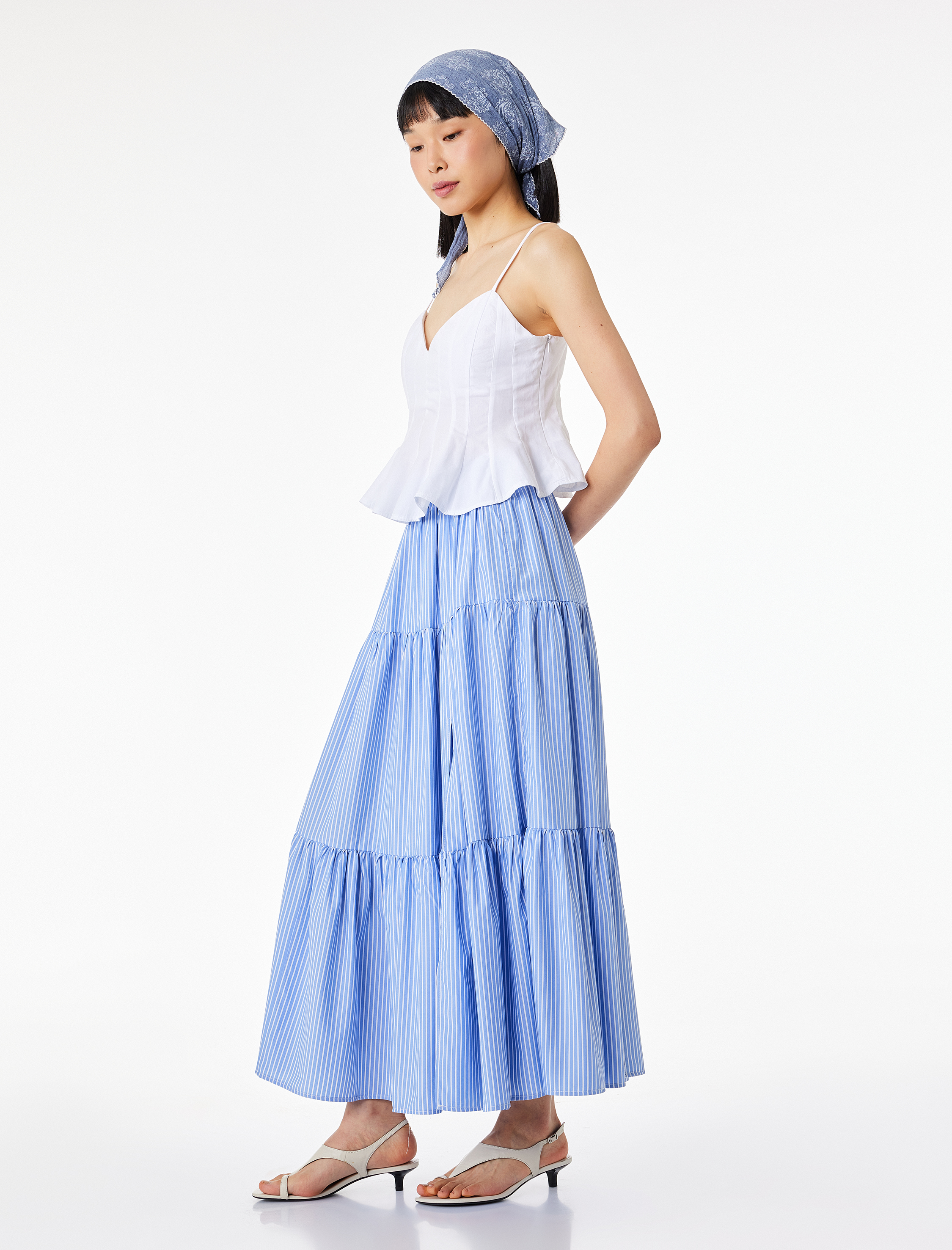   Katlı Çan Kesim Poplin Çizgili Midi Etek