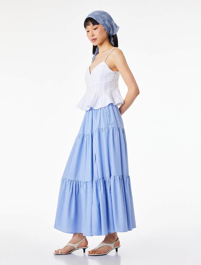  Katlı Çan Kesim Poplin Çizgili Midi Etek