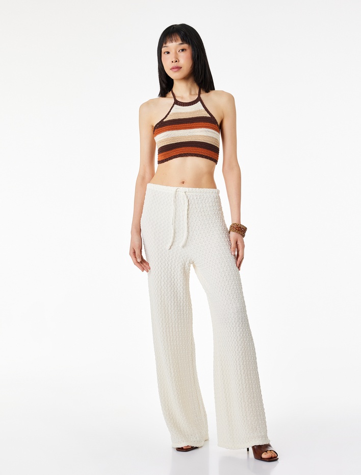  Bürümcük Kumaş Beli Bağlamalı Düz Paça Uzun Pantolon