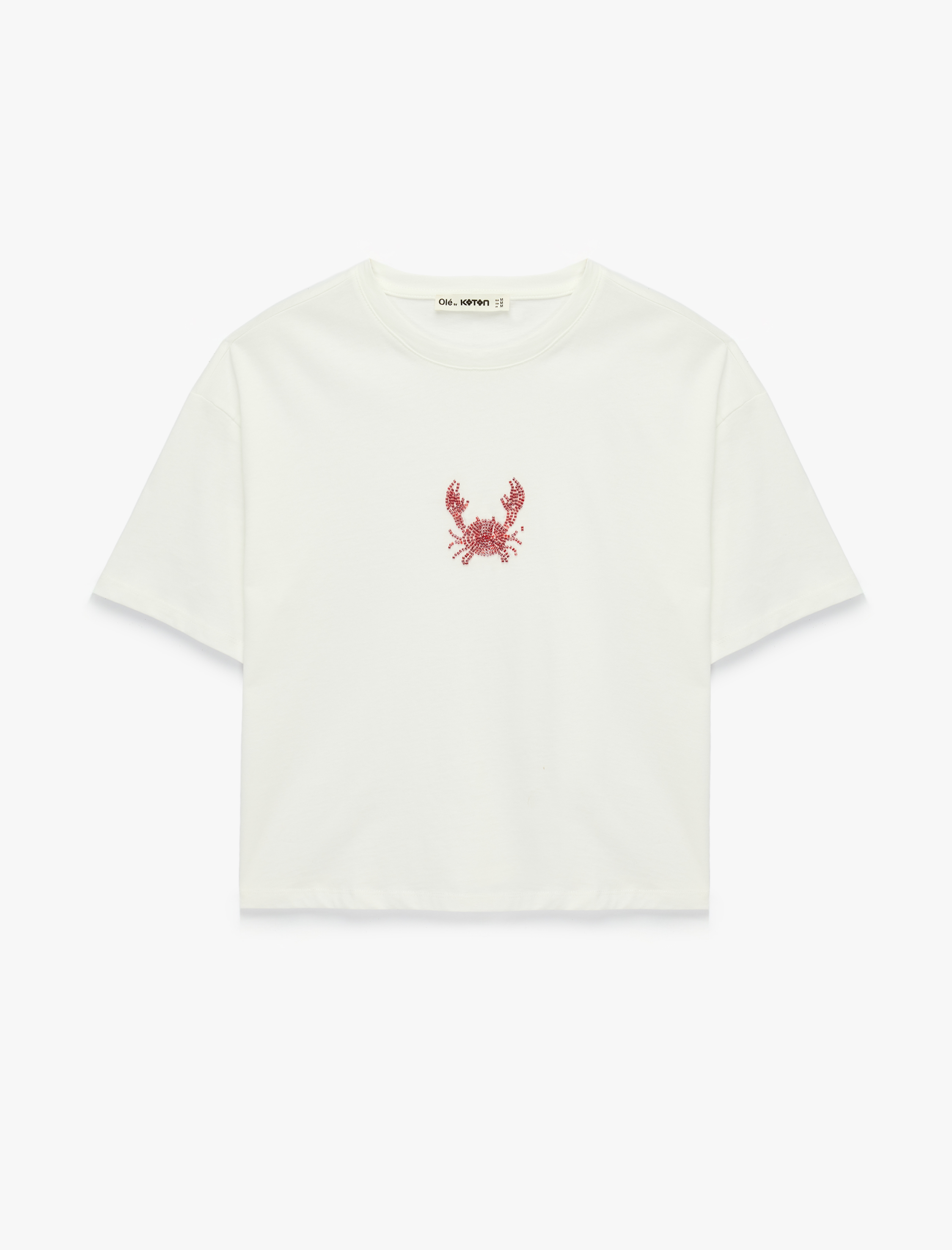 Boncuklu Yengeç İşlemeli Kısa Kollu Bisiklet Yaka Pamuklu Tişört - Görsel 3