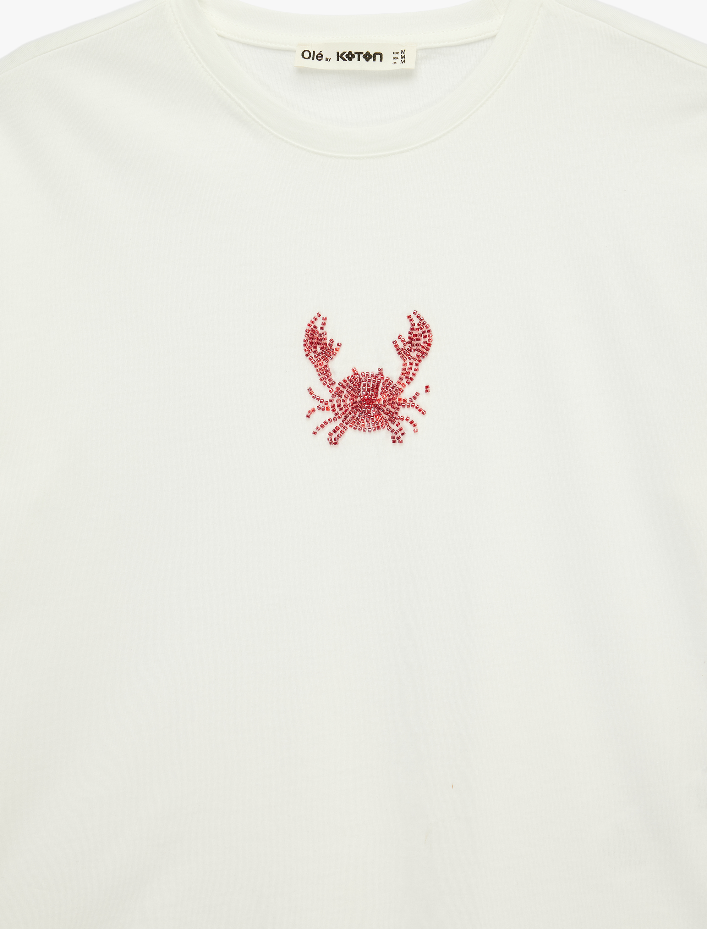 Boncuklu Yengeç İşlemeli Kısa Kollu Bisiklet Yaka Pamuklu Tişört - Görsel 5