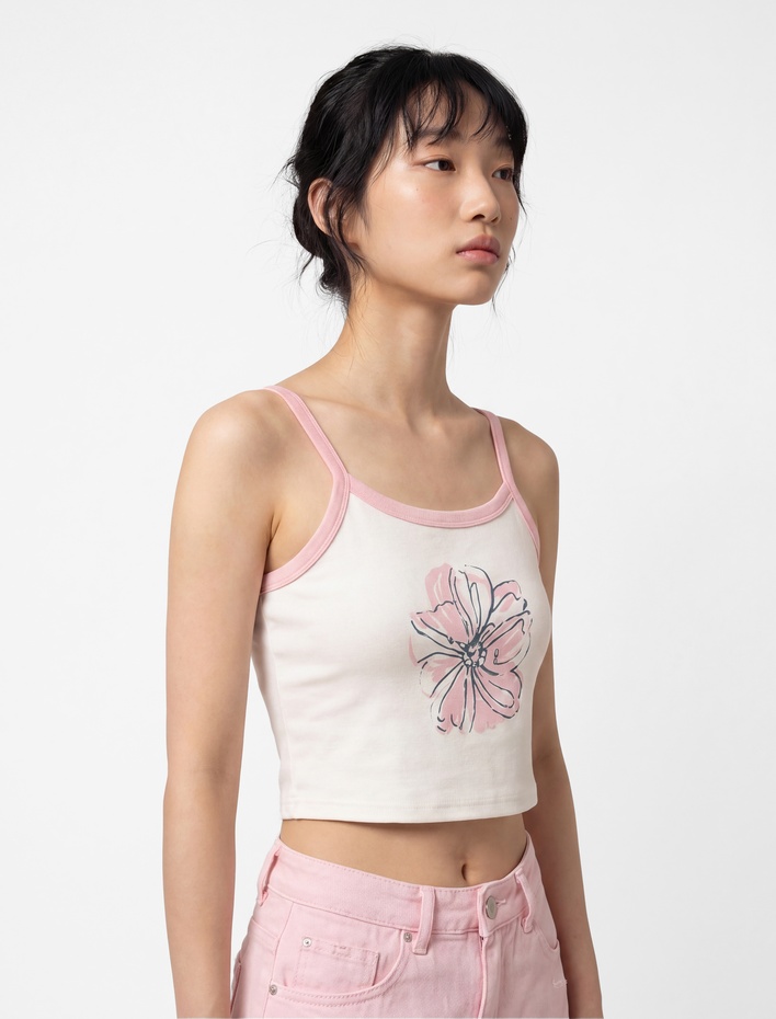  Slim Fit İp Askılı Çiçek Baskılı Pamuklu Bluz