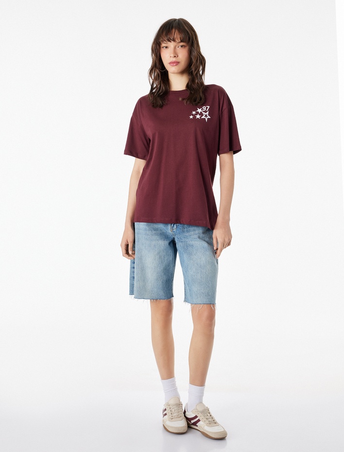  Rahat Kalıp Kısa Kollu Bisiklet Yaka Pamuklu Baskılı Tişört