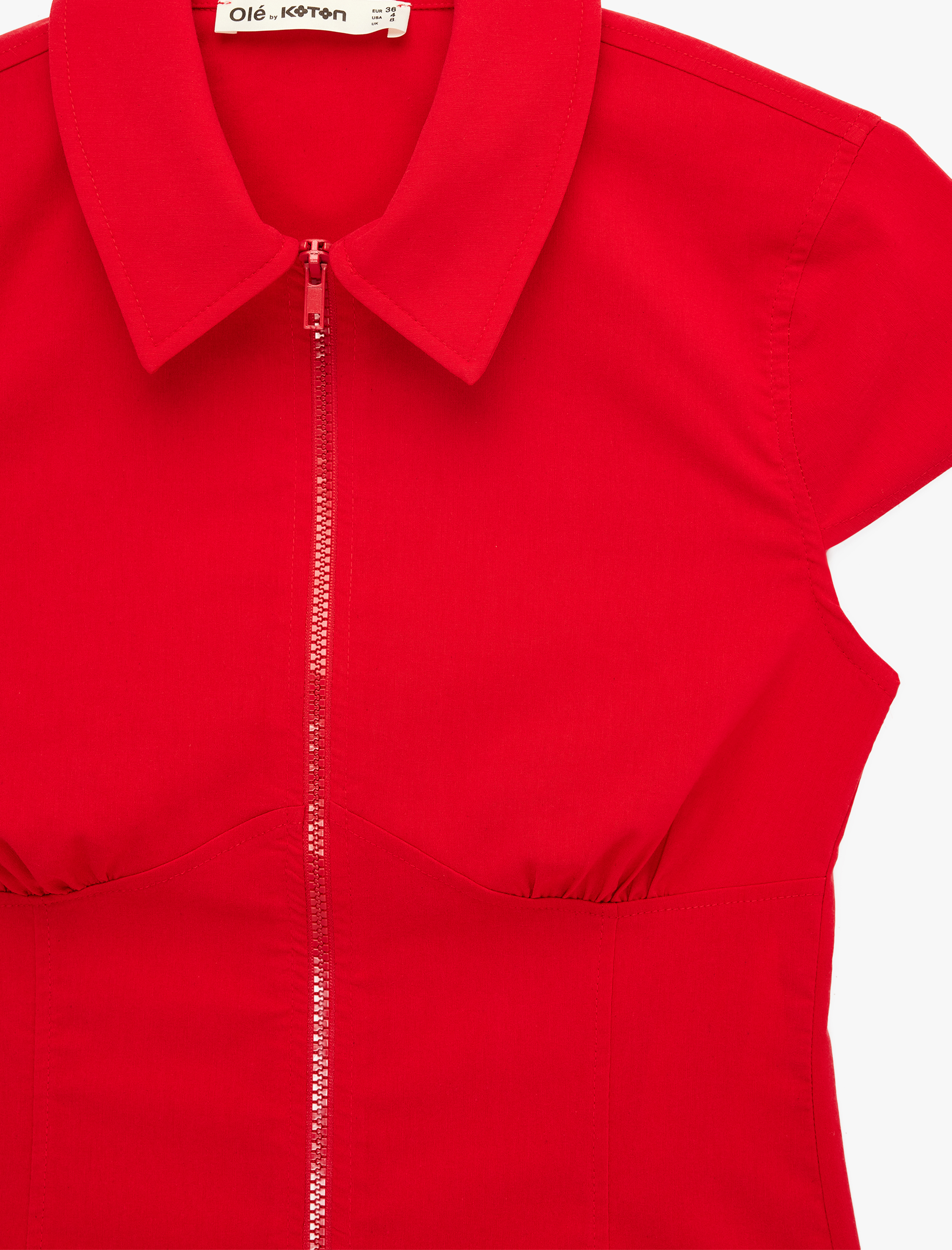 Slim Fit Kısa Kollu Klasik Yaka Fermuarlı Crop Gömlek - Görsel 6