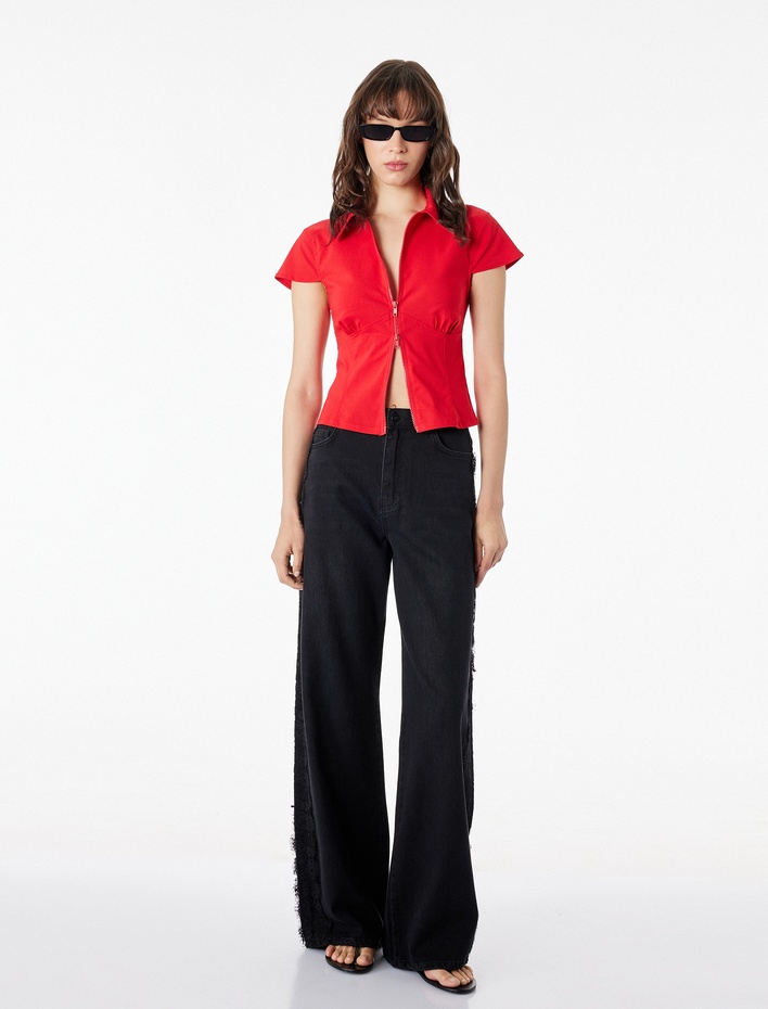  Slim Fit Kısa Kollu Klasik Yaka Fermuarlı Crop Gömlek