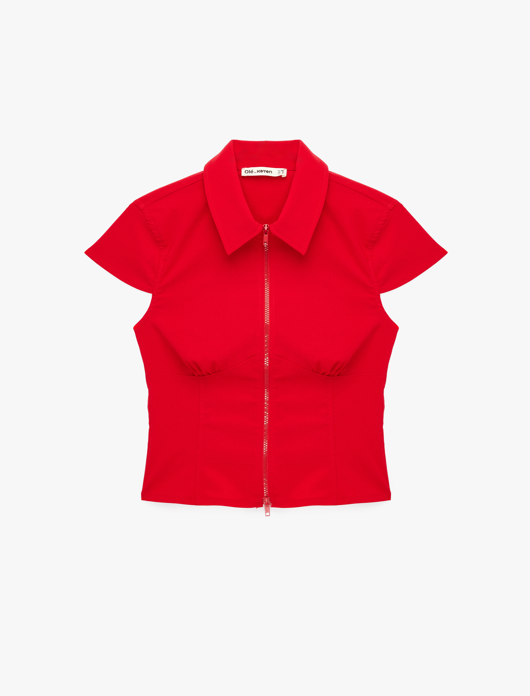 Slim Fit Kısa Kollu Klasik Yaka Fermuarlı Crop Gömlek - Görsel 4