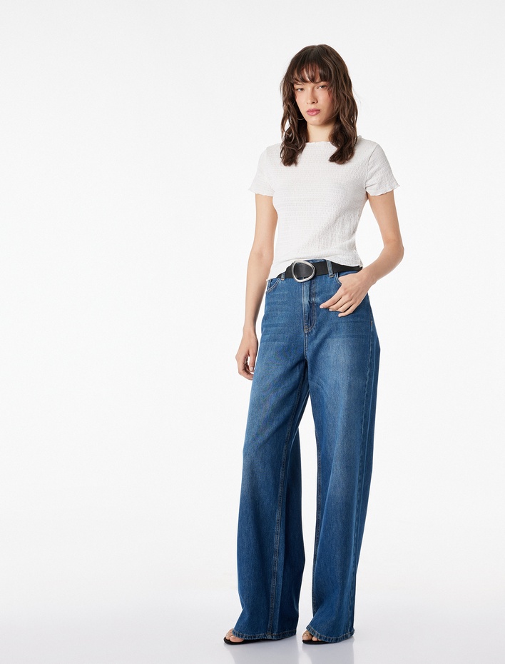  Viskon Karışımlı Kısa Kollu Bürümcük Kayık Yaka Tişört