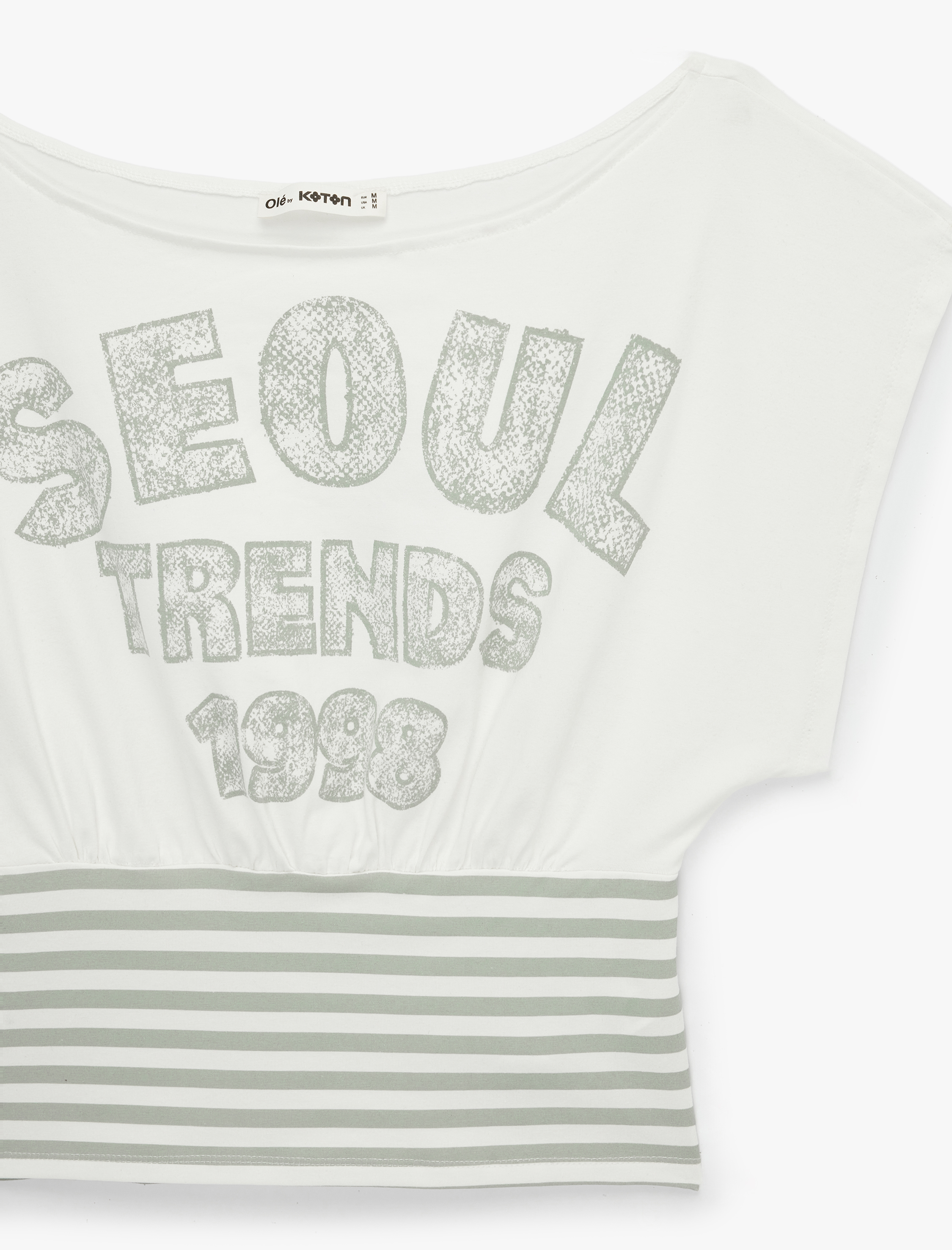 Slim Fit Pamuklu Çizgili Kayık Yaka Kısa Kollu Baskılı Tişört - Görsel 5