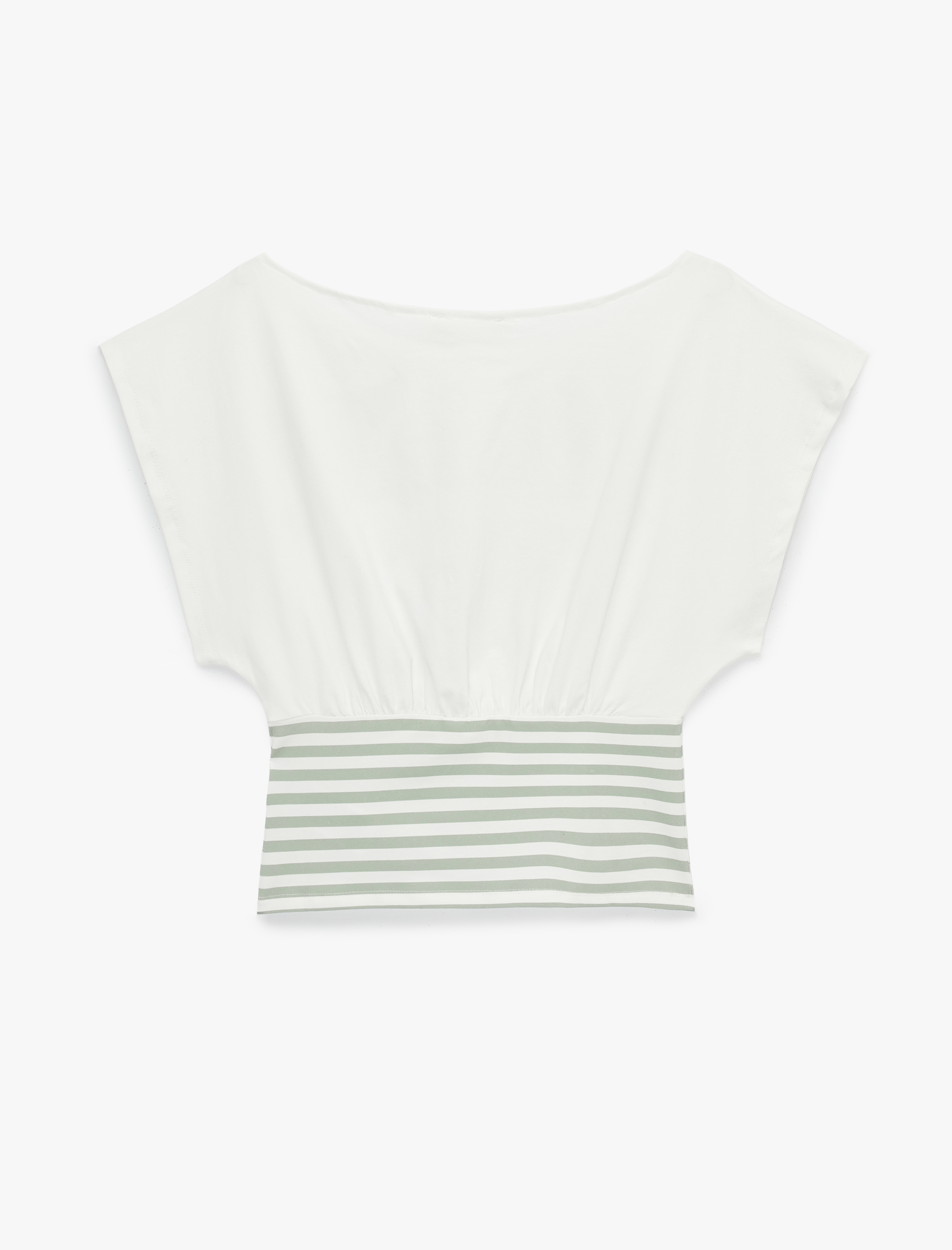 Slim Fit Pamuklu Çizgili Kayık Yaka Kısa Kollu Baskılı Tişört - Görsel 4