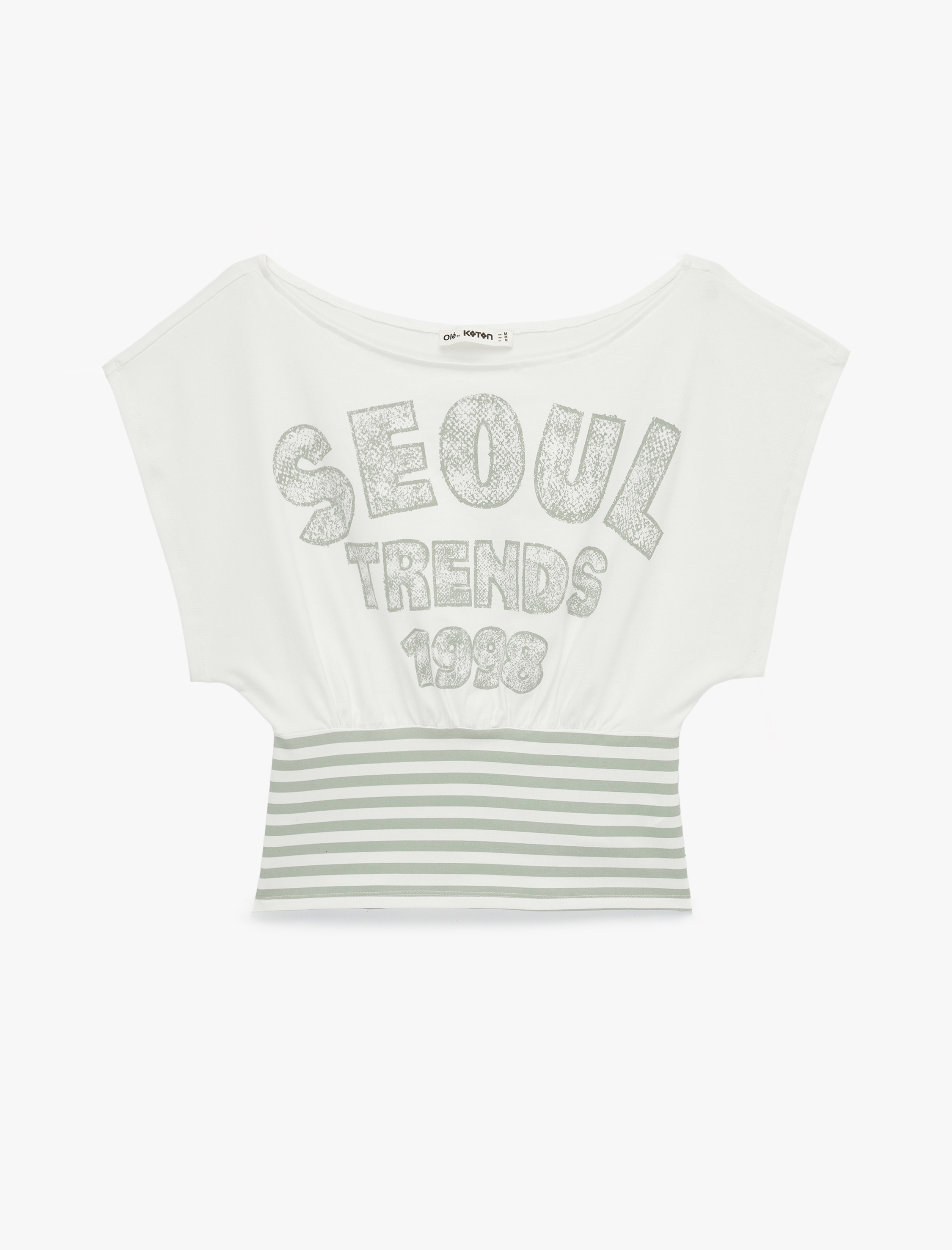 Slim Fit Pamuklu Çizgili Kayık Yaka Kısa Kollu Baskılı Tişört - Görsel 3