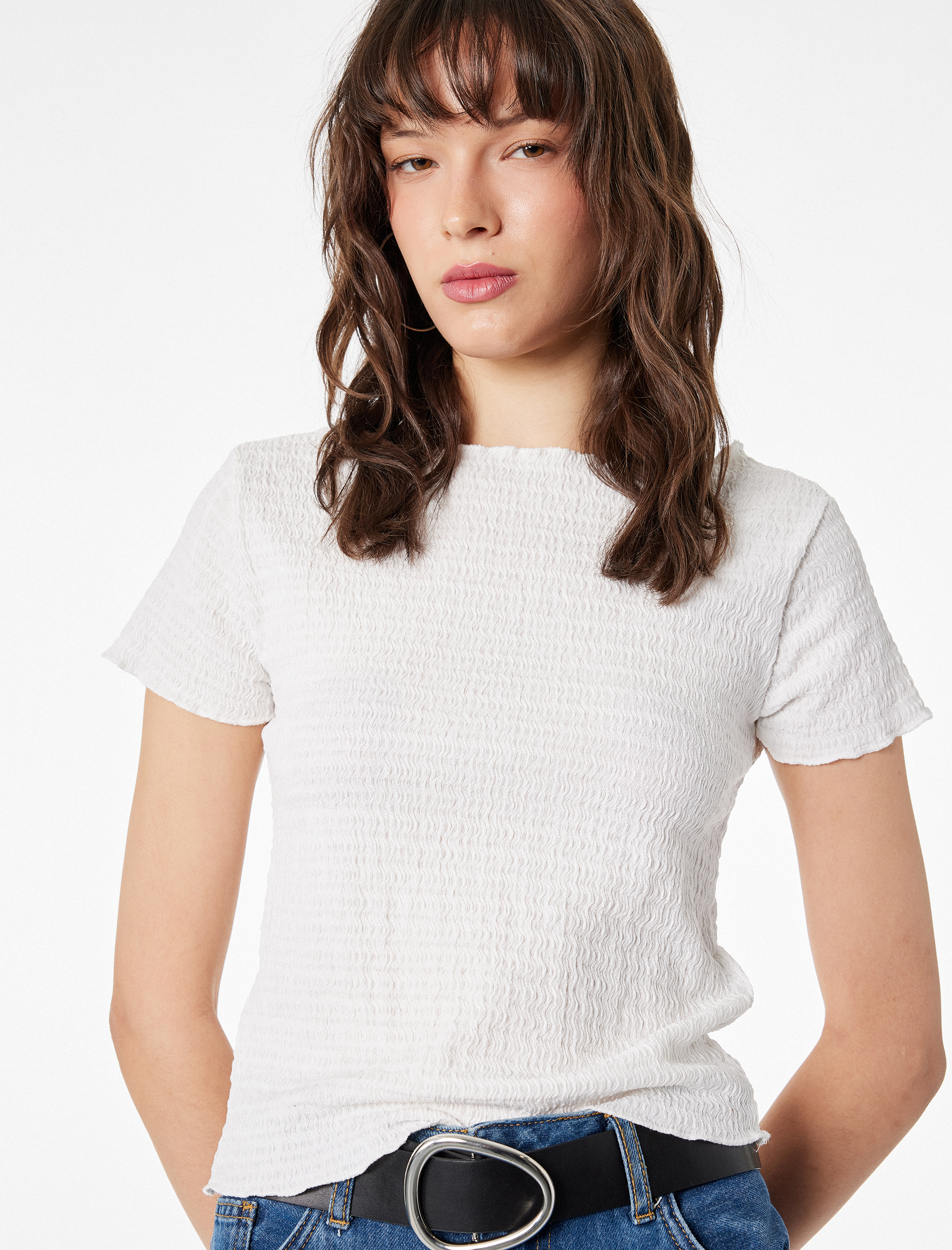   Viskon Karışımlı Kısa Kollu Bürümcük Kayık Yaka Tişört