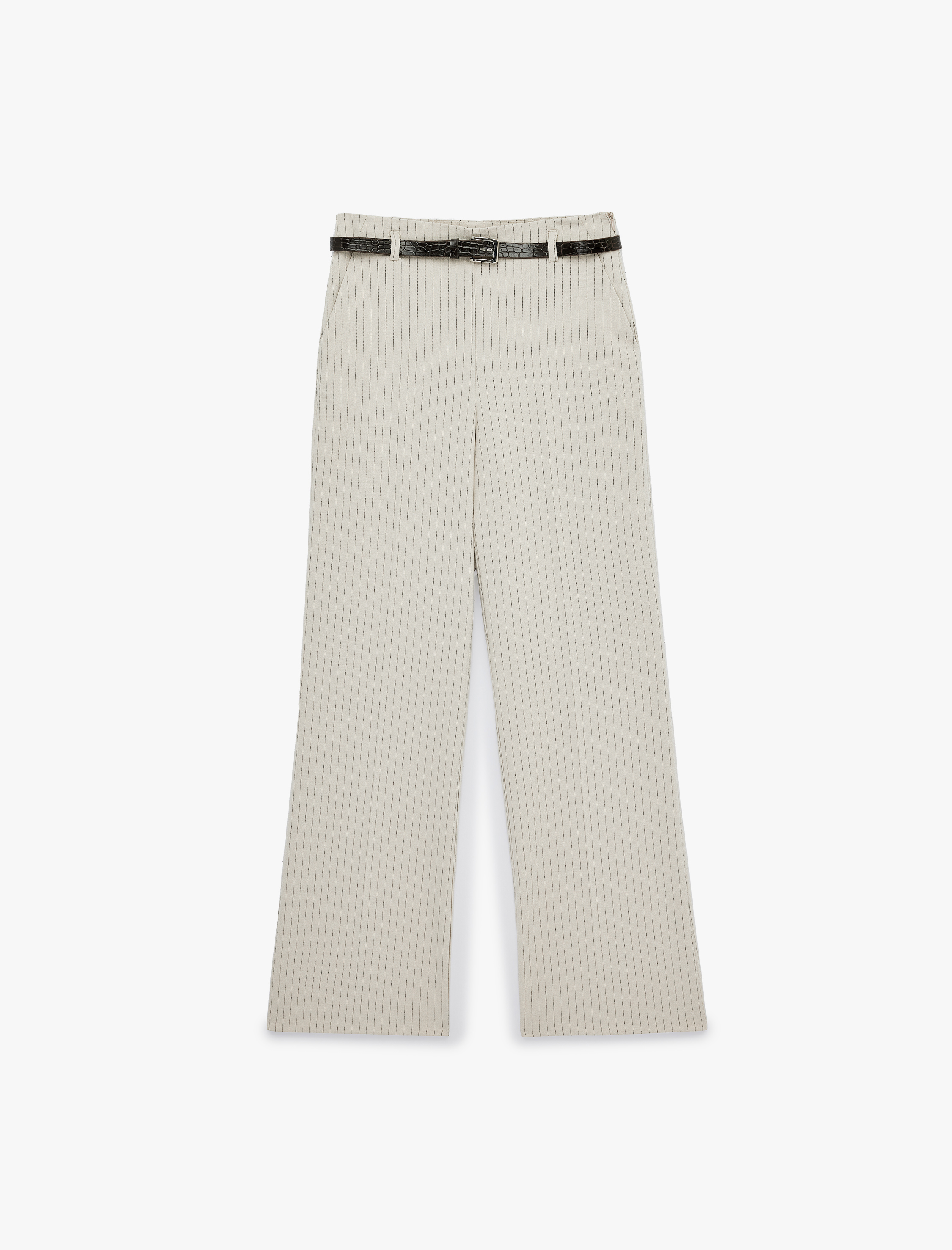 Cepli Kemerli Çizgili Geniş Paça Kumaş Pantolon - Görsel 3