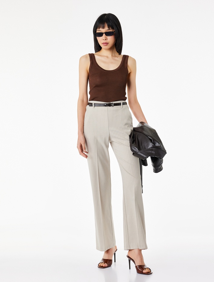  Cepli Kemerli Çizgili Geniş Paça Kumaş Pantolon