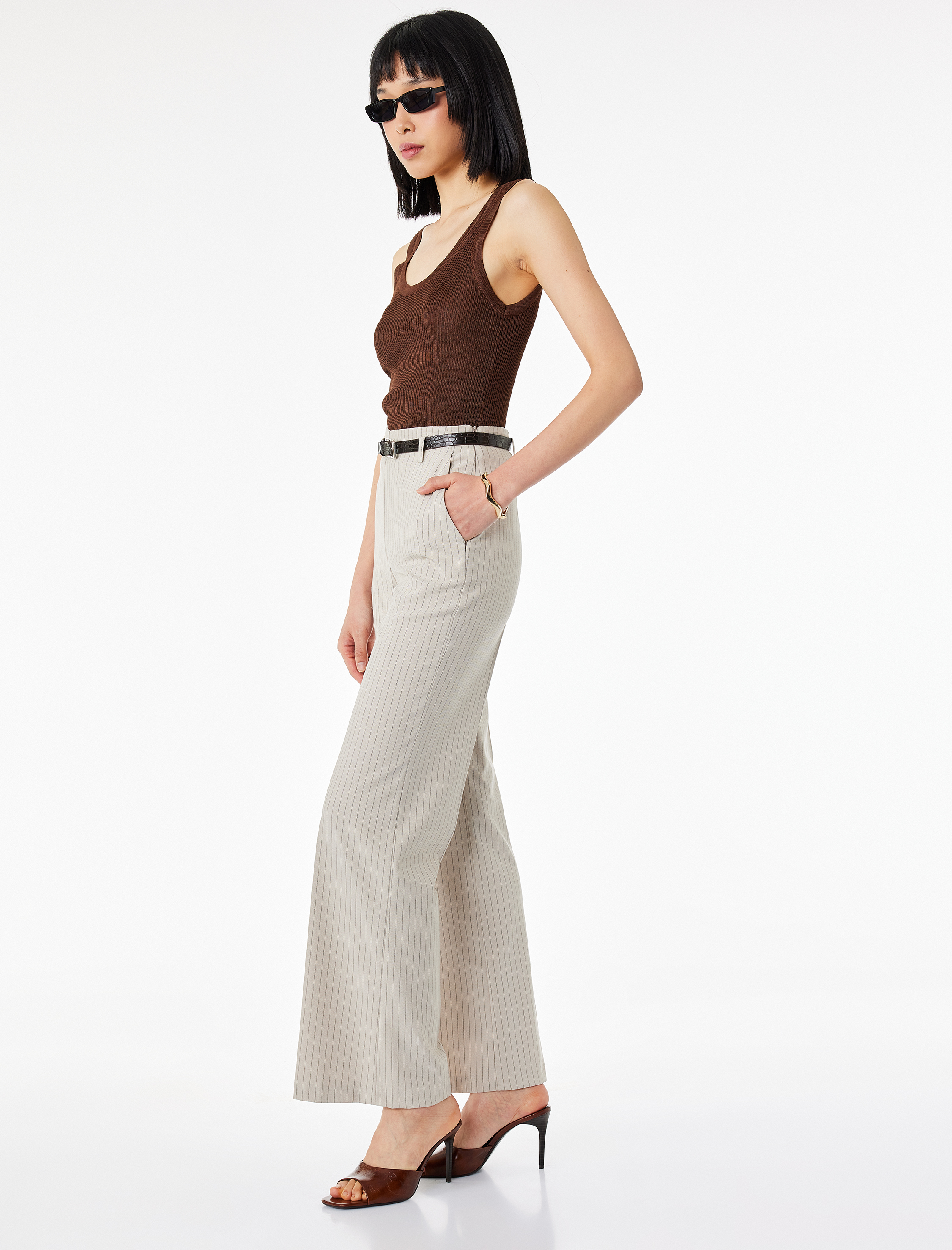 Cepli Kemerli Çizgili Geniş Paça Kumaş Pantolon - Görsel 2