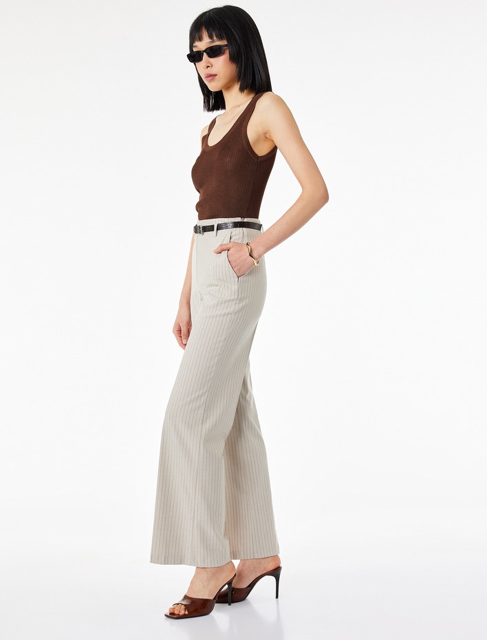  Cepli Kemerli Çizgili Geniş Paça Kumaş Pantolon