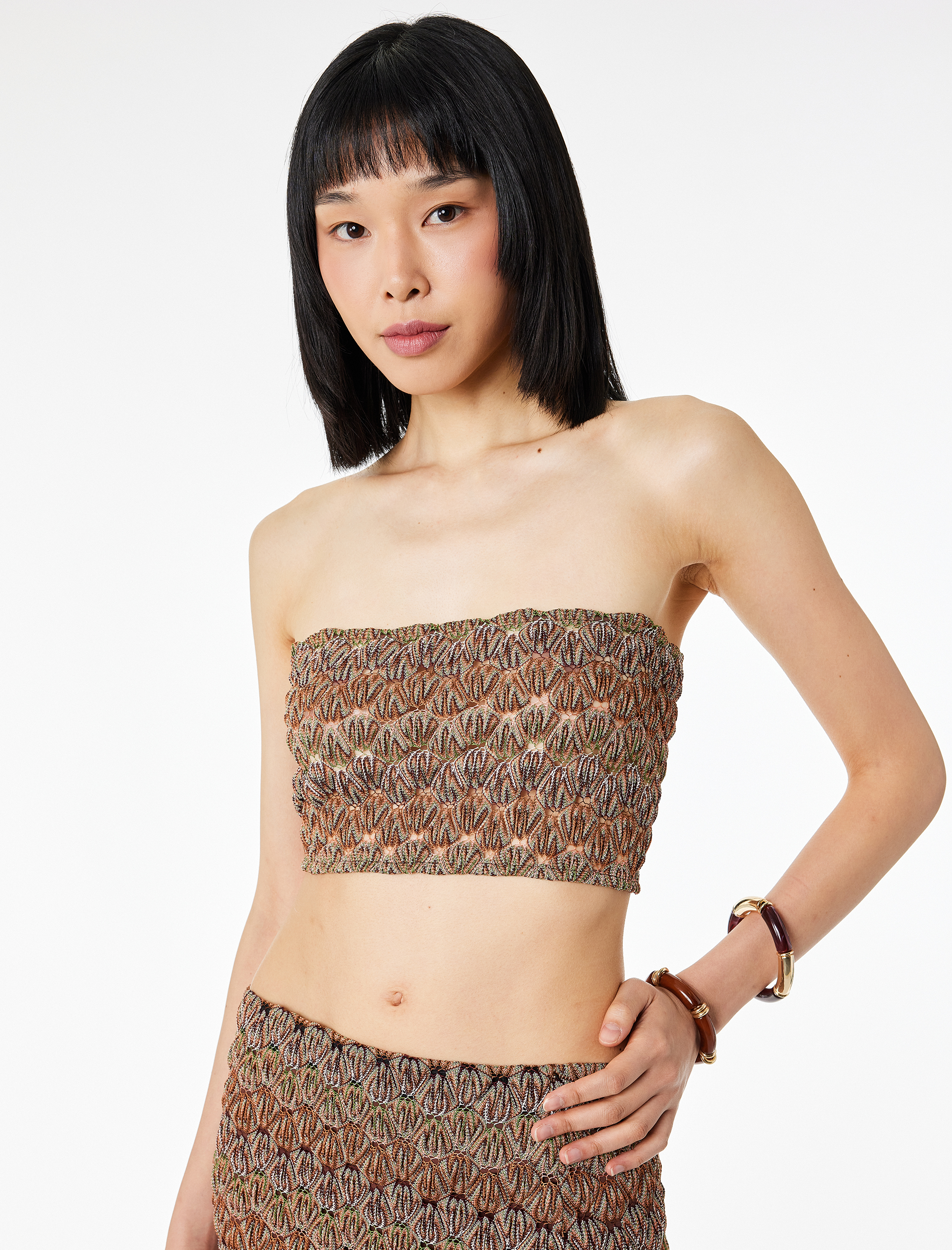   Slim Fit Desenli Straplez Crop Kroşe Top