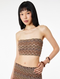 Slim Fit Desenli Straplez Crop Kroşe Top