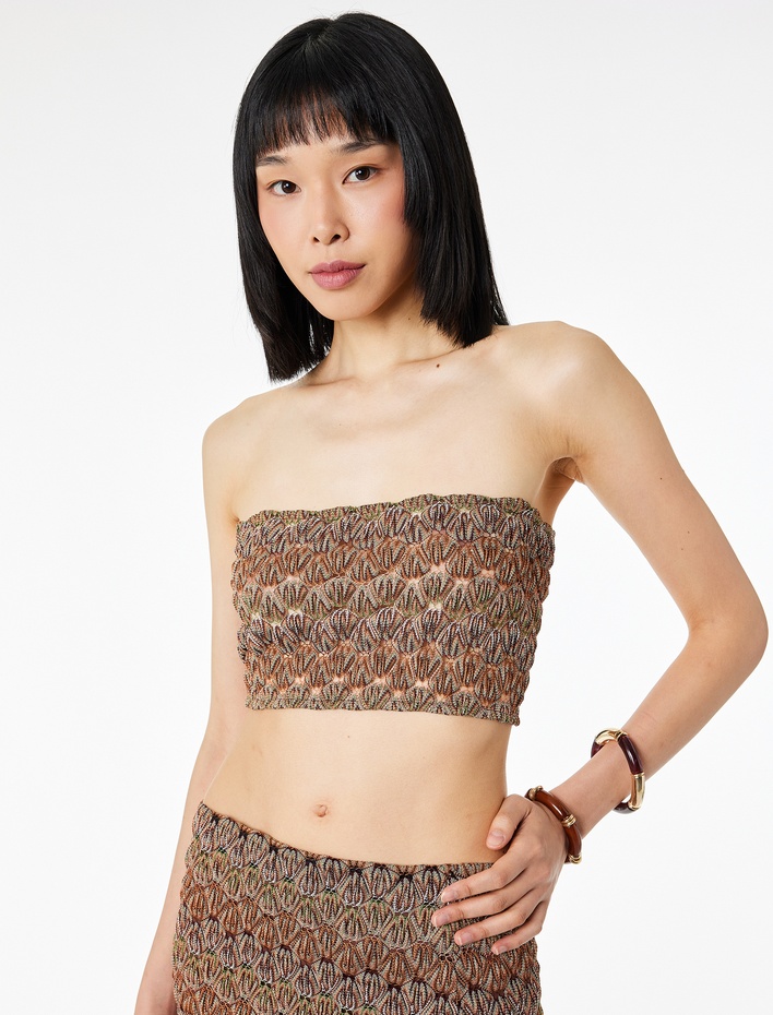  Slim Fit Desenli Straplez Crop Kroşe Top