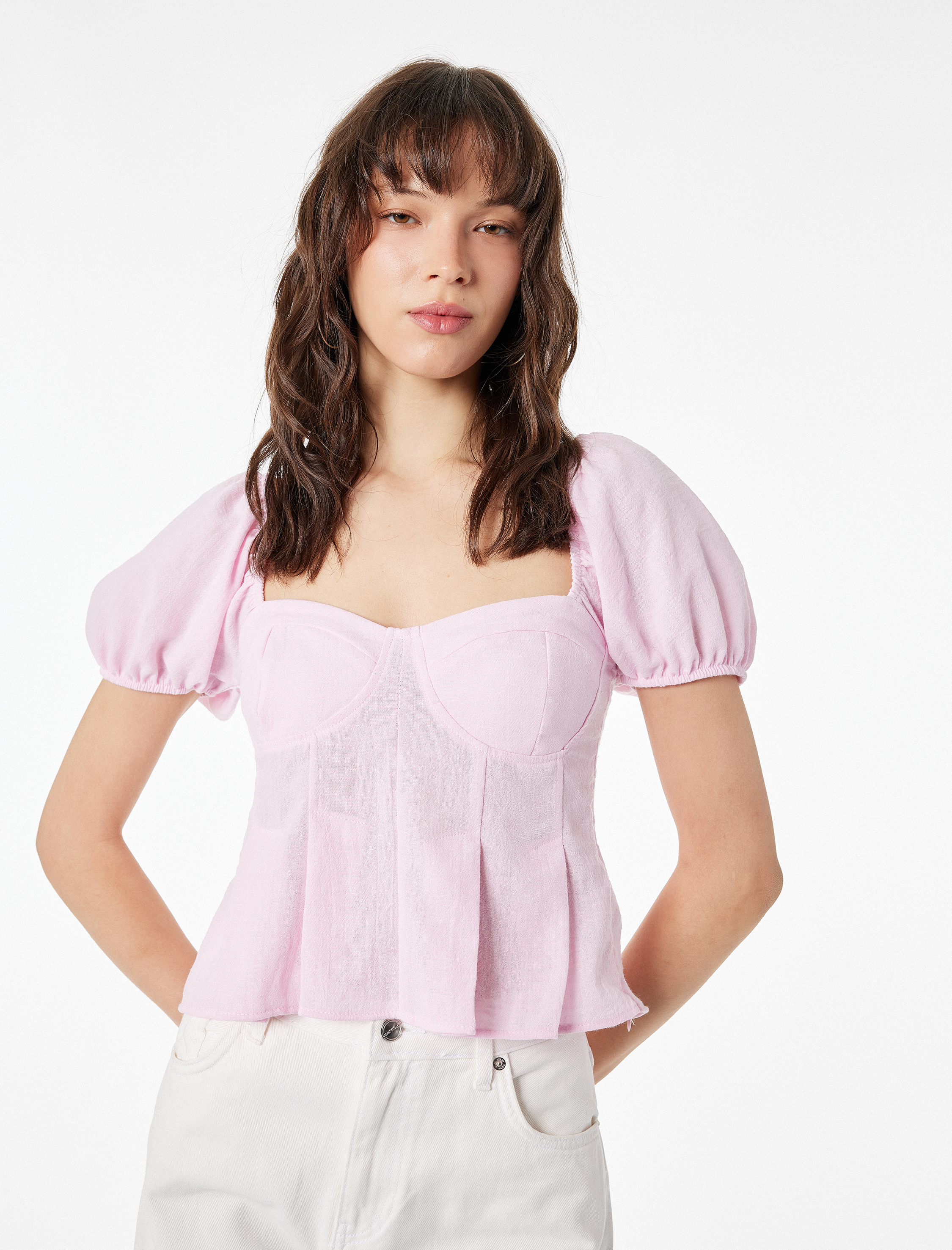   Slim Fit Kısa Balon Kollu Kalp Yaka Crop Bluz