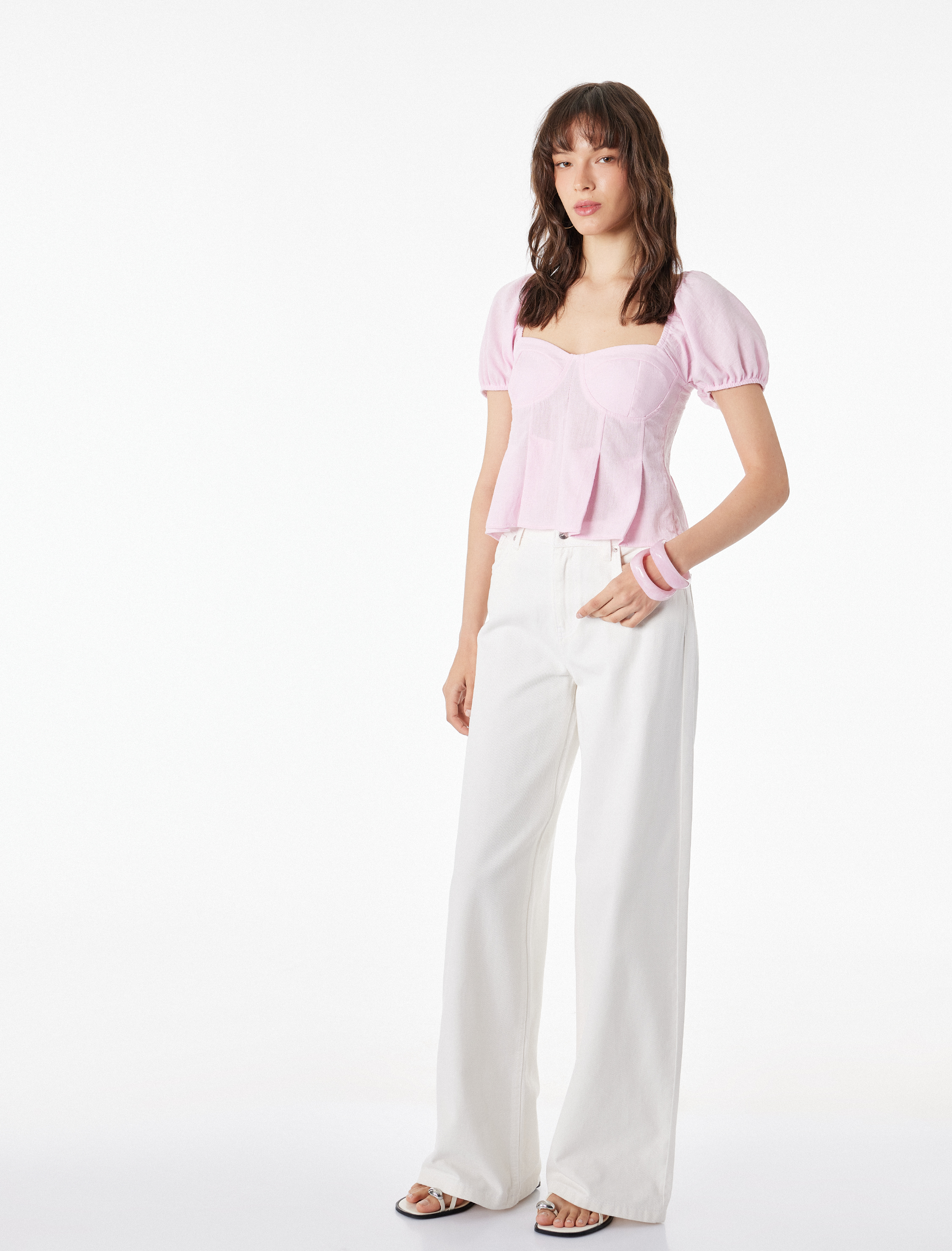   Slim Fit Kısa Balon Kollu Kalp Yaka Crop Bluz