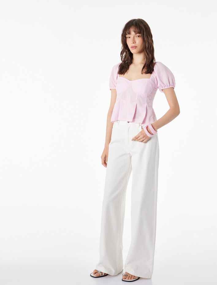  Slim Fit Kısa Balon Kollu Kalp Yaka Crop Bluz