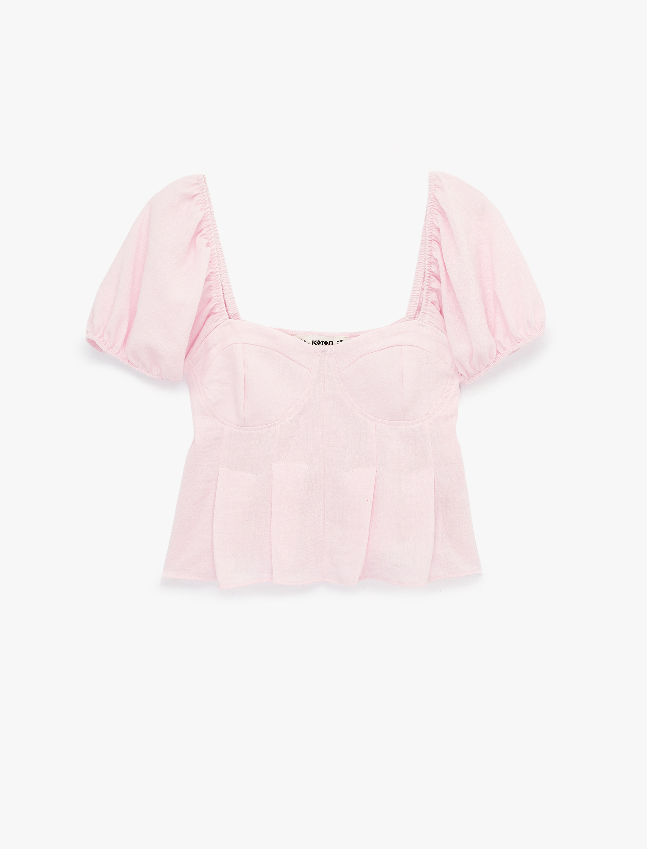   Slim Fit Kısa Balon Kollu Kalp Yaka Crop Bluz