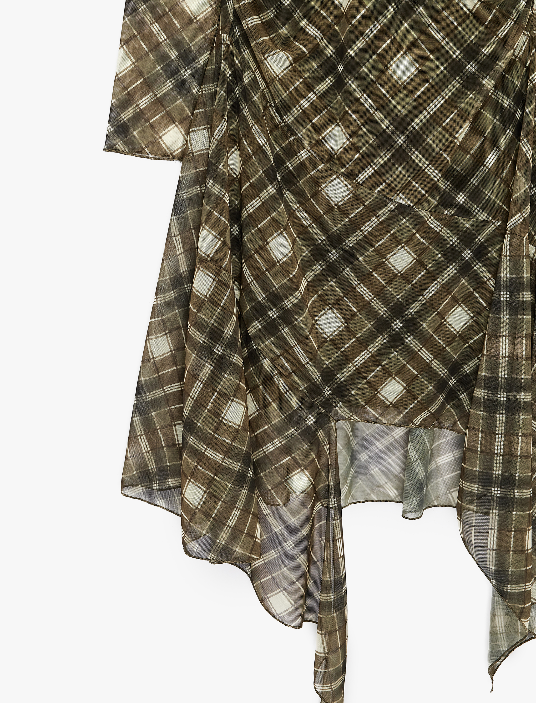   Asimetrik Kesim Uzun Kollu V Yaka Slim Fit Kareli Tül Elbise