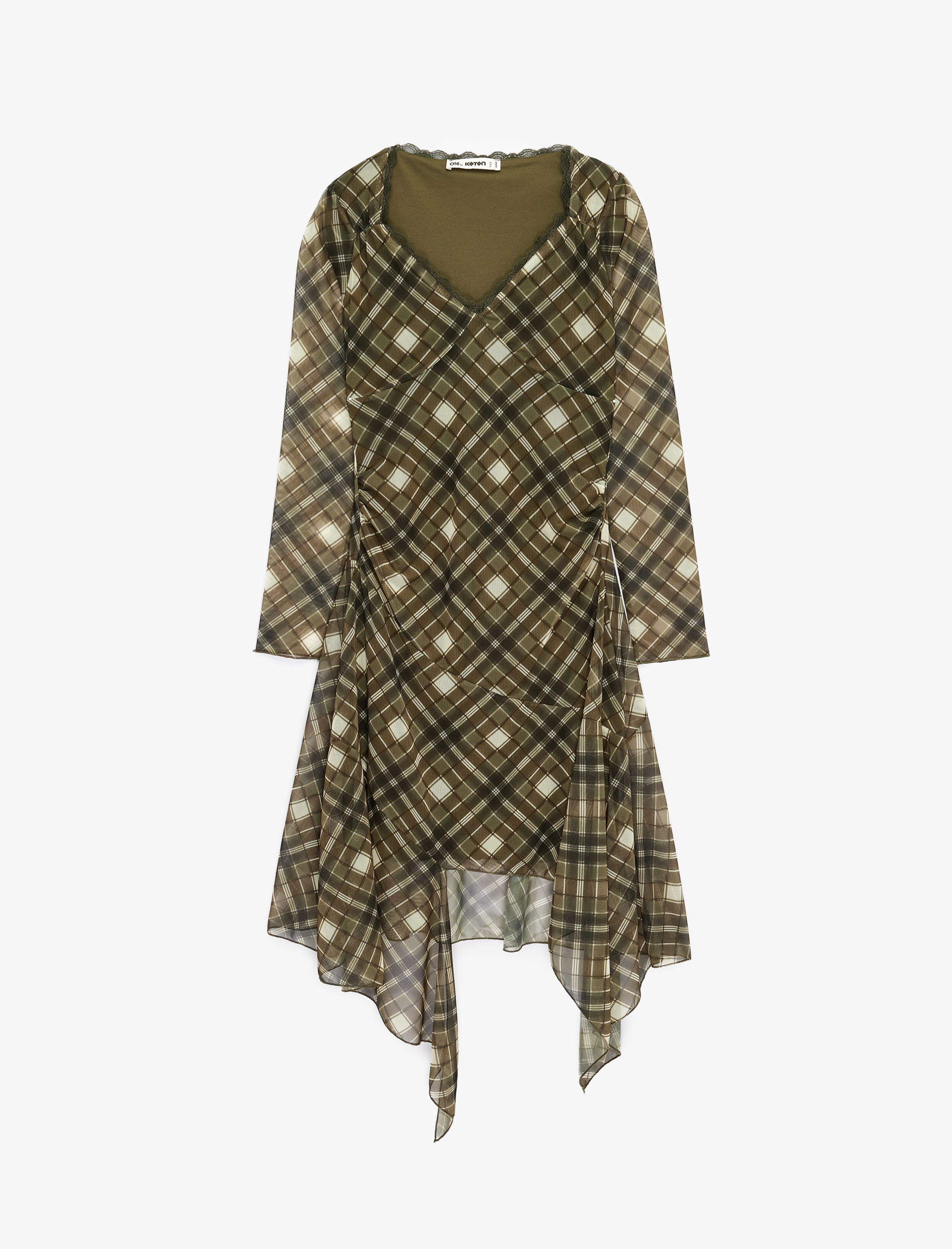   Asimetrik Kesim Uzun Kollu V Yaka Slim Fit Kareli Tül Elbise