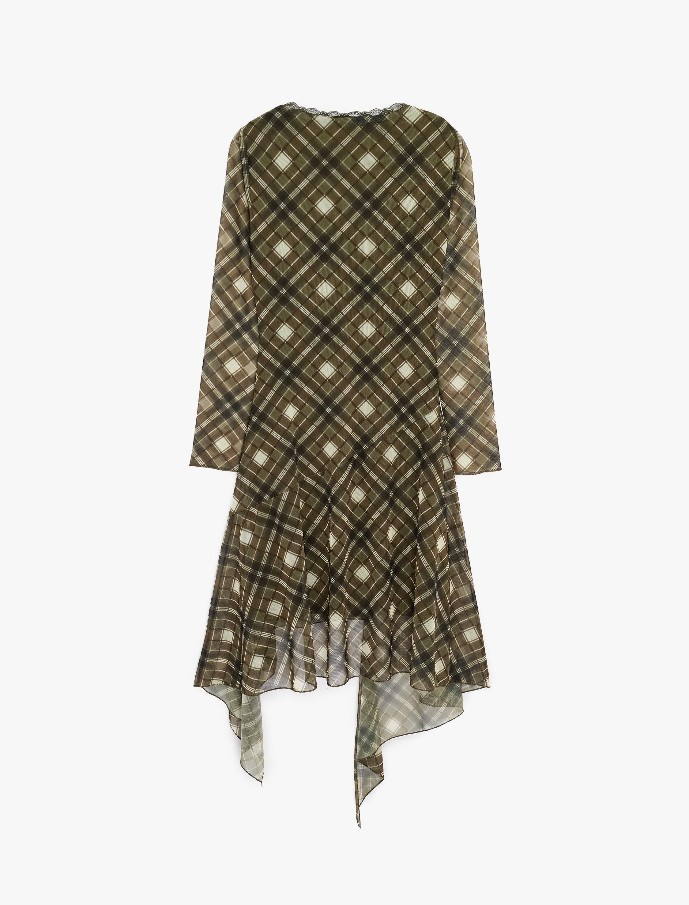   Asimetrik Kesim Uzun Kollu V Yaka Slim Fit Kareli Tül Elbise