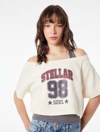 Modal Karışımlı Rahat Kalıp Omzu Açık Kısa Kollu Atletli Crop Tişört