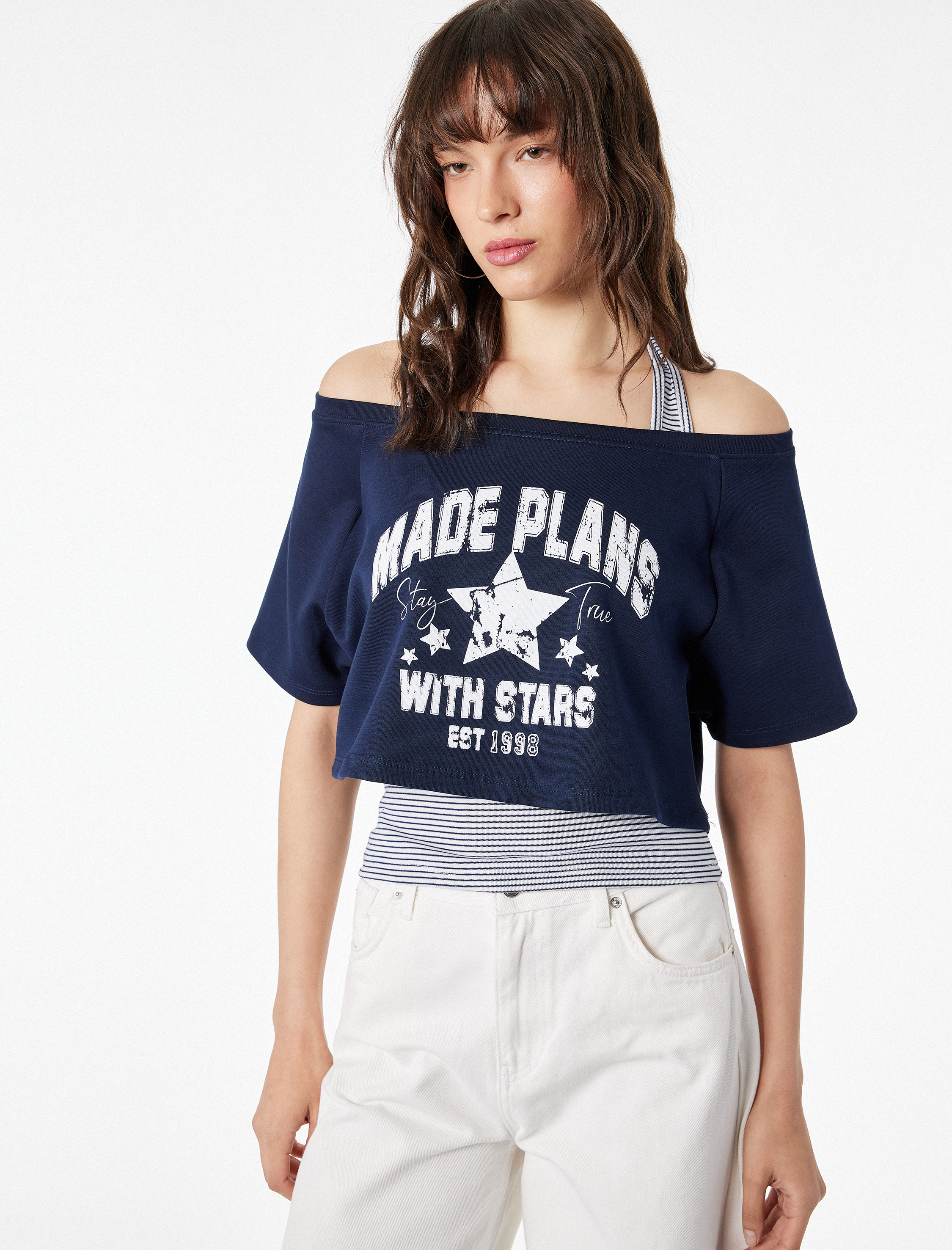   Modal Karışımlı Rahat Kalıp Omzu Açık Kısa Kollu Atletli Crop Tişört